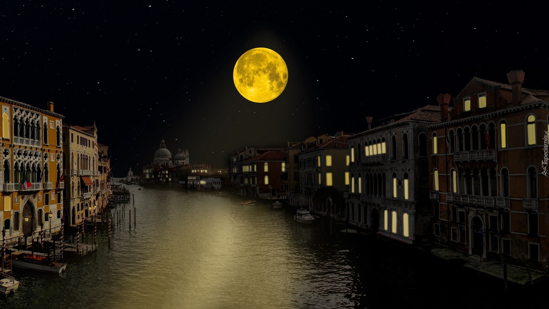 Kanał, Canal Grande, Domy, Noc, Księżyc, Wenecja, Włochy