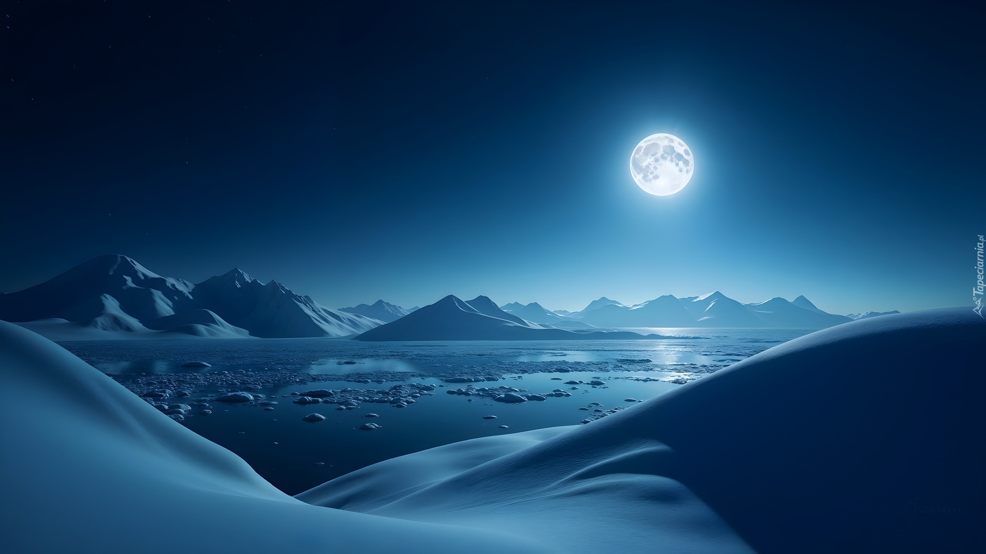 Góry, Morze, Niebo, Księżyc, Zima