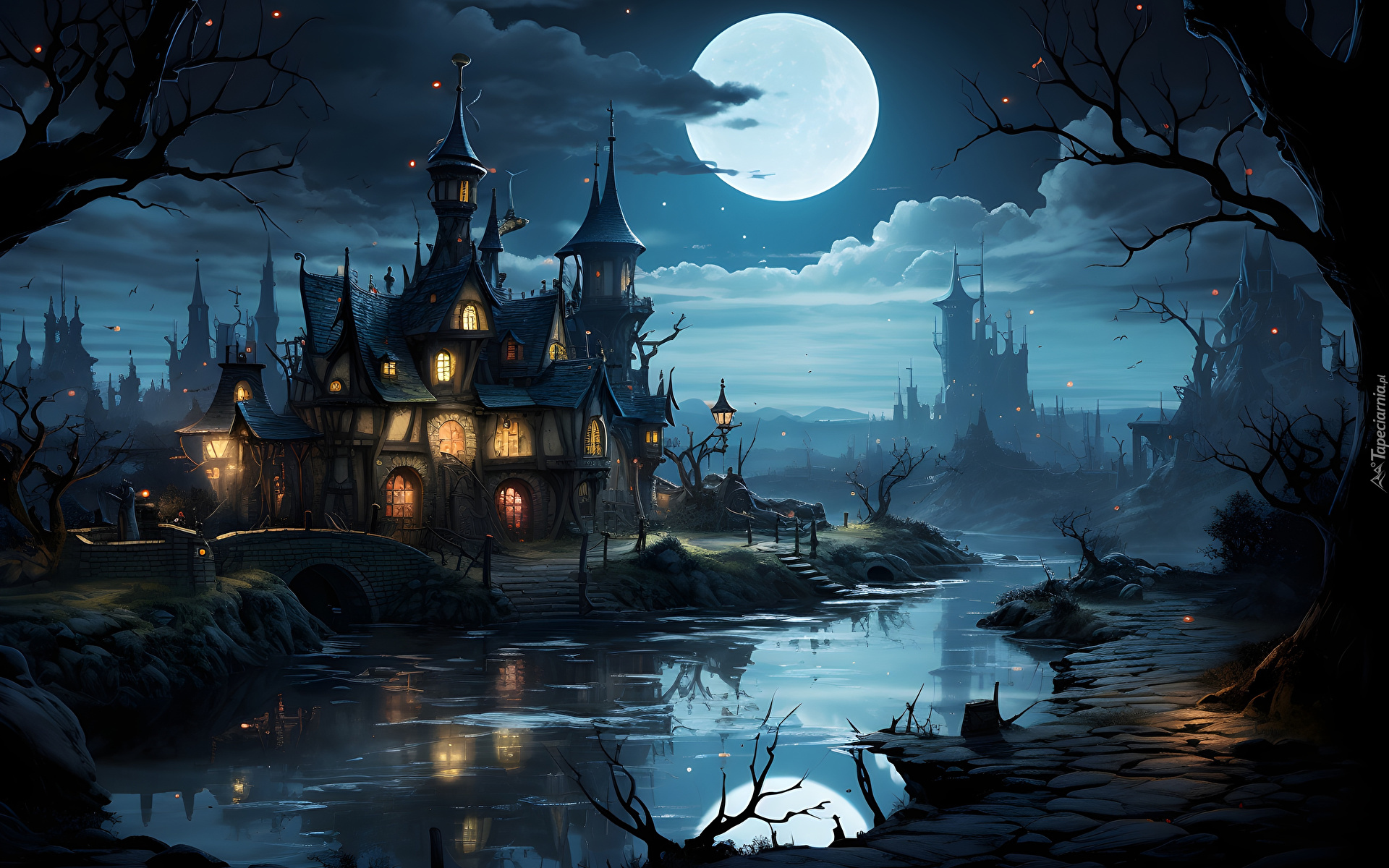 Rzeka, Drzewa, Oświetlony, Zamek, Noc, Księżyc, Fantasy