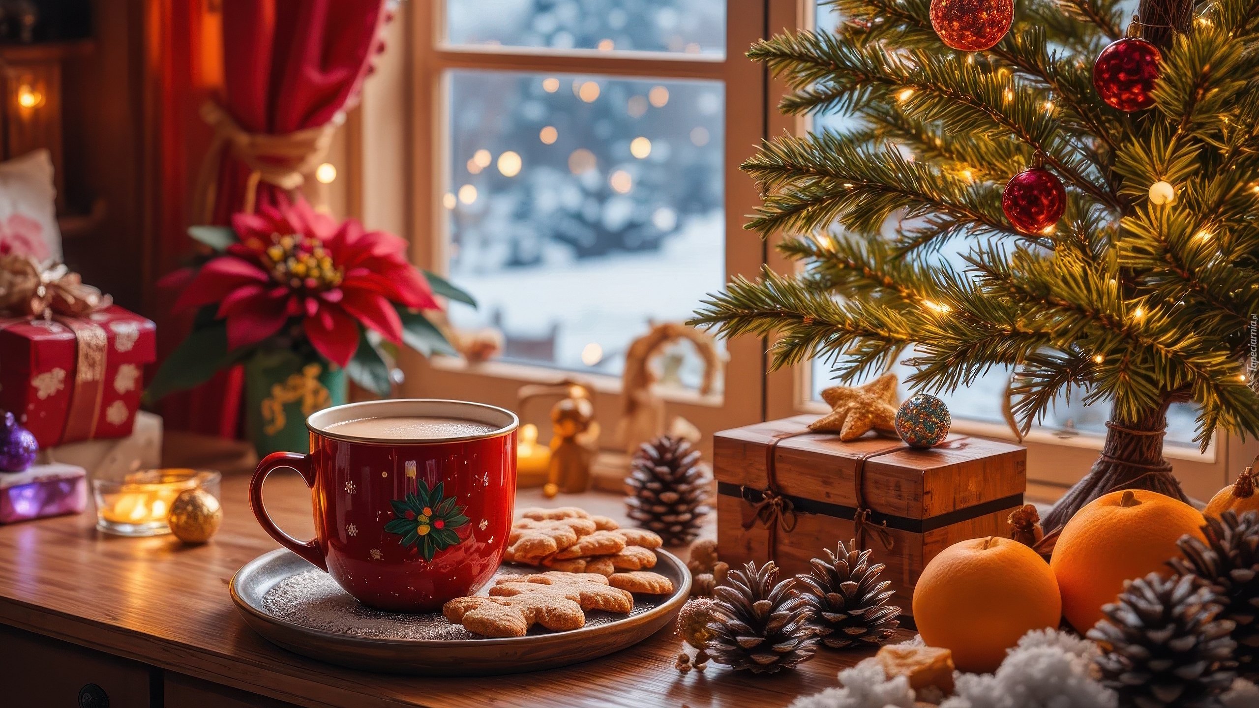 Boże Narodzenie, Choinka, Pomarańcze, Kubek, Ciasteczka, Prezent