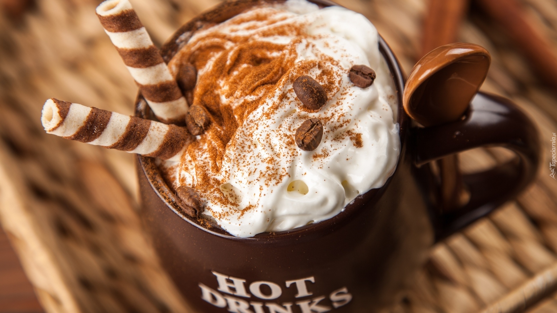 Kubek, Bita śmietana, Łyżeczka, Cynamon, Deser