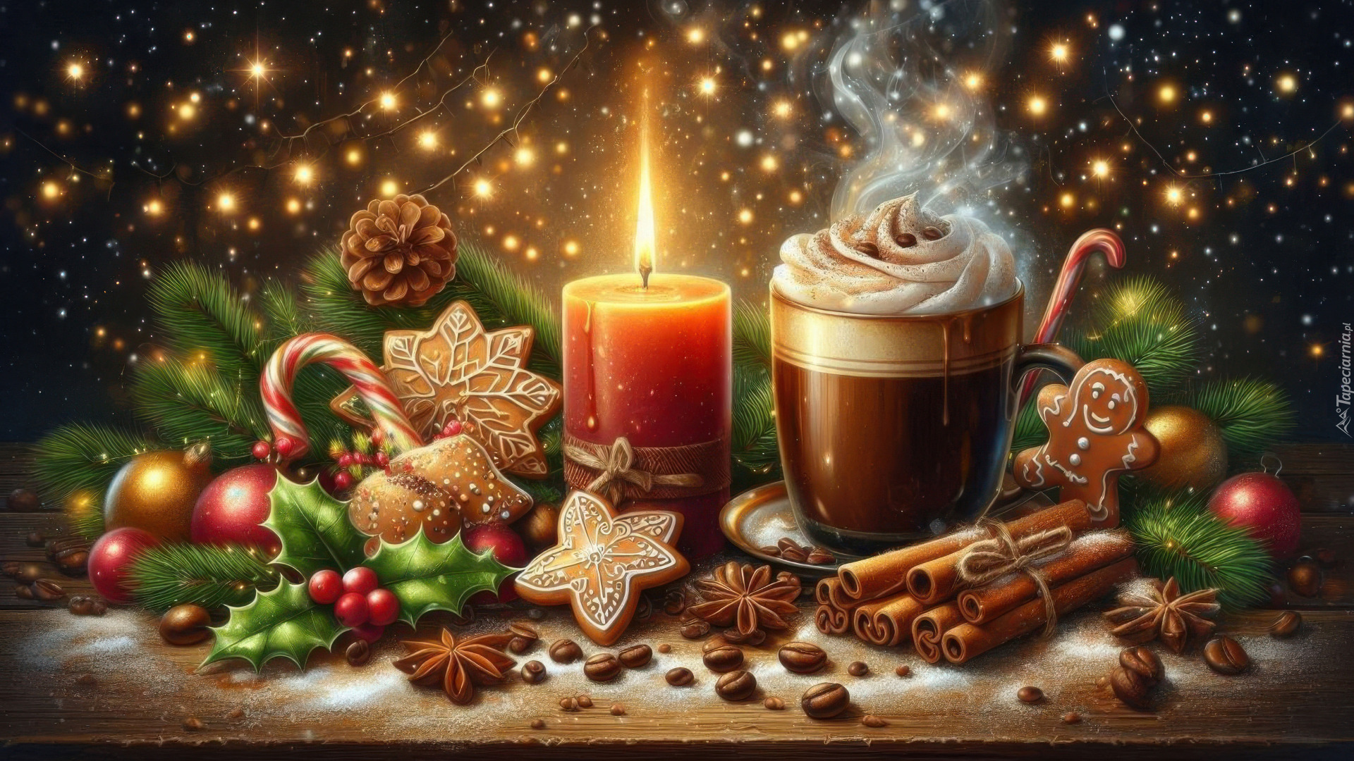 Świąteczne, Kubek, Kawa, Świeca, Pierniczki