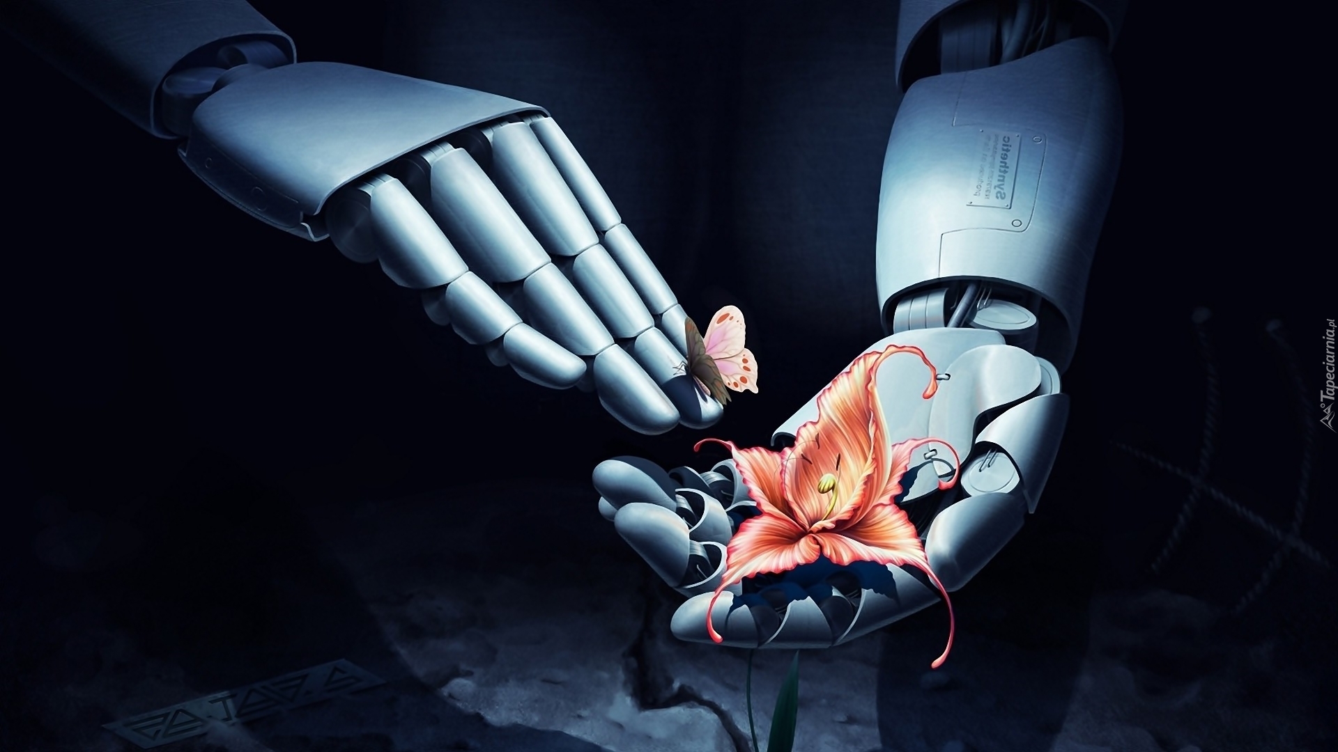Robot, Kwiat, Motyl, Grafika 3D