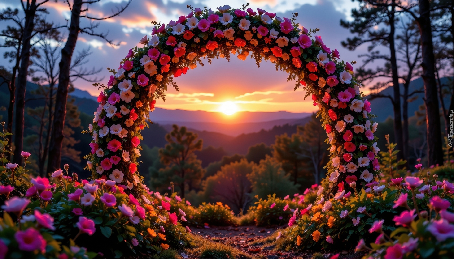 Kwiatowy, Łuk, Kwiaty, Drzewa, Chmury, Zachód słońca