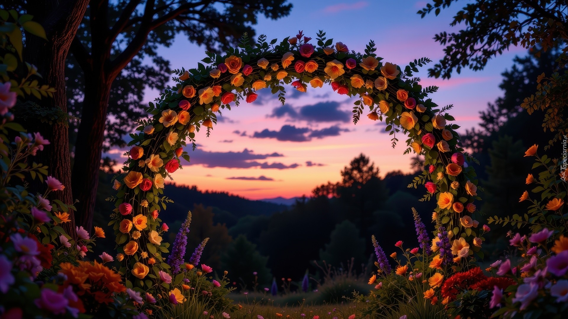 Kwiatowy, Łuk, Kolorowe, Kwiaty, Zachód słońca, Drzewa