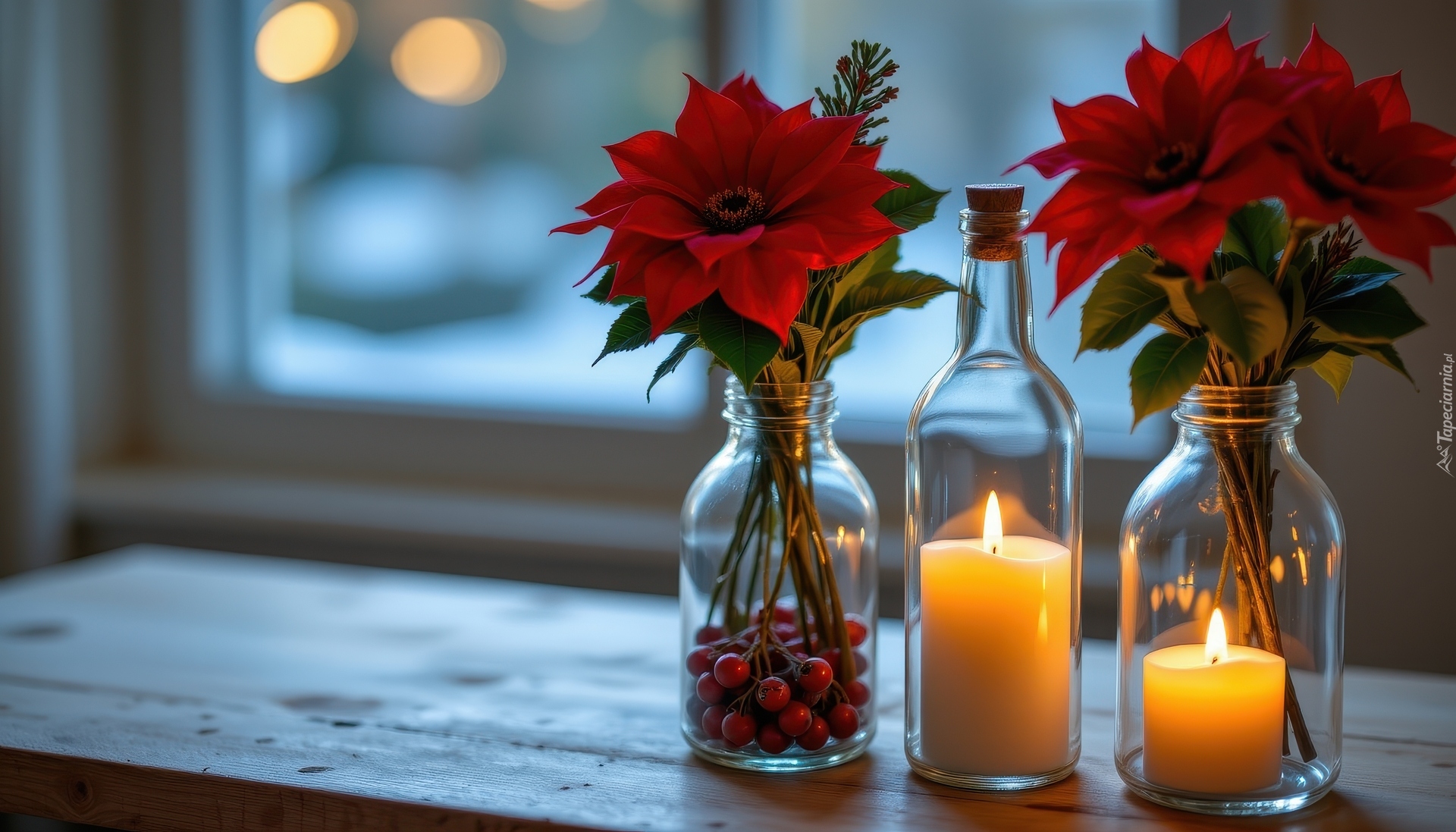 Kwiaty, Gwiazda betlejemska, Szklane, Naczynia, Świece, Okno