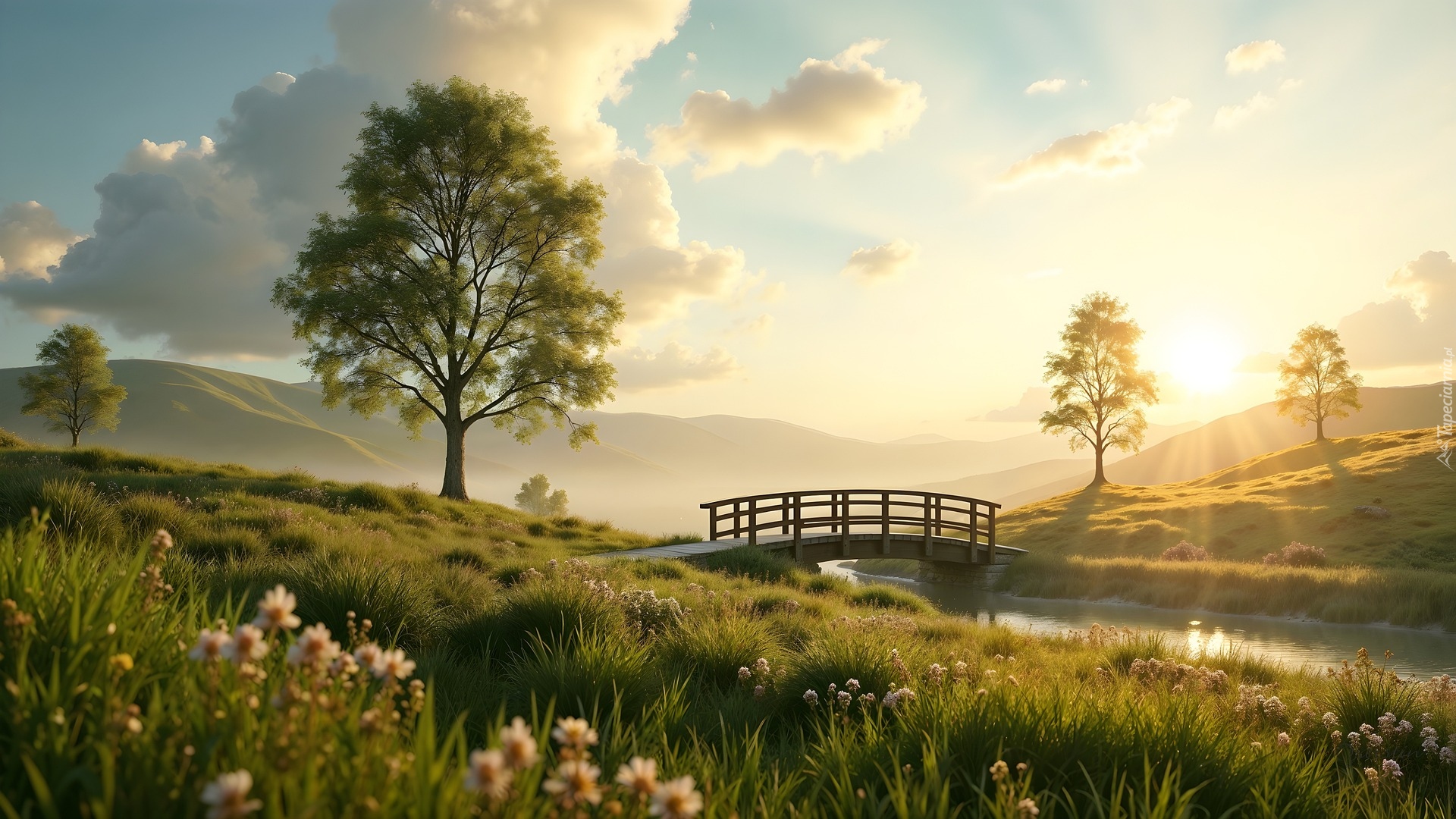 Łąka, Rzeka, Mostek, Drzewa, Zachód słońca
