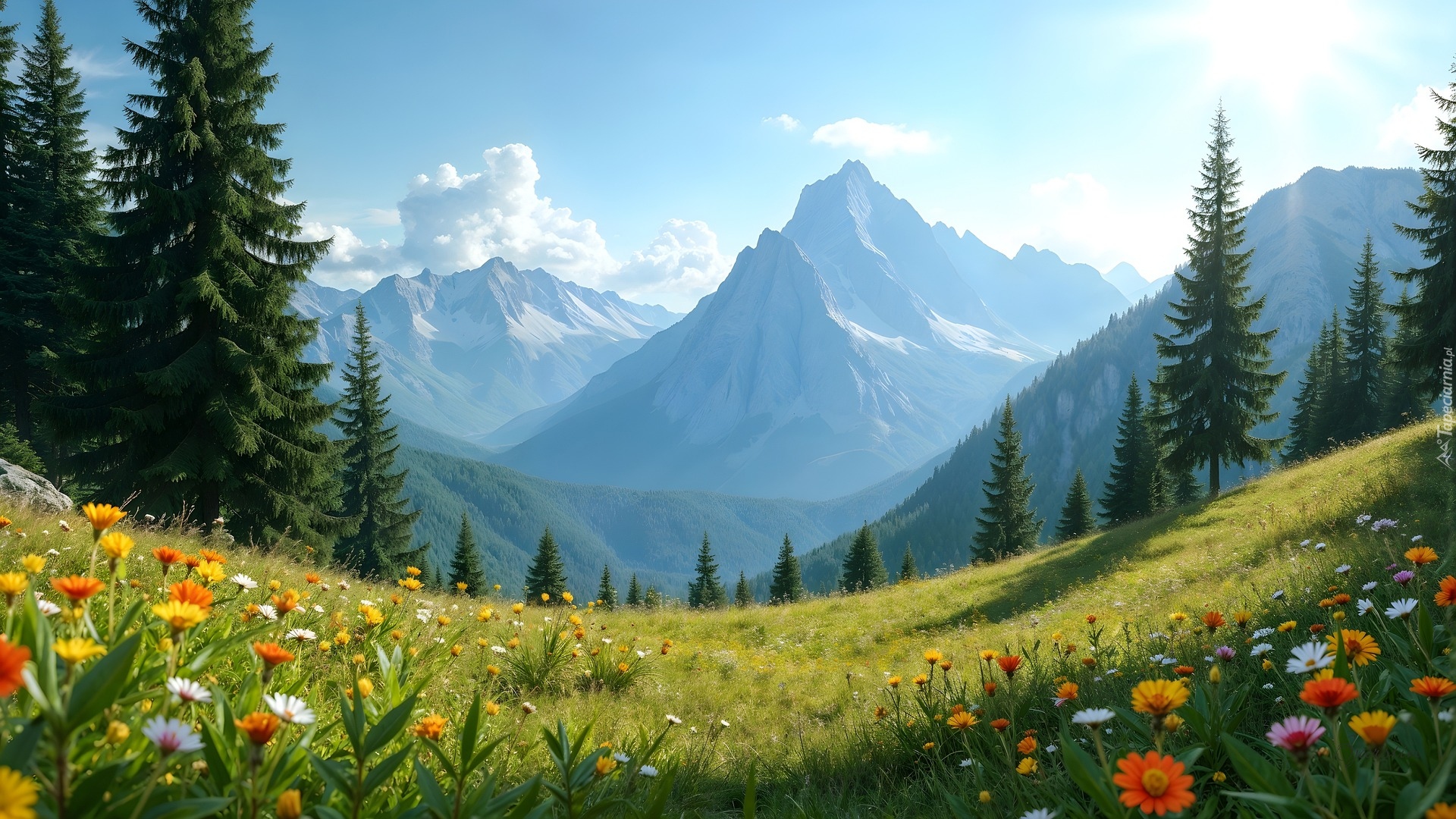 Łąka, Polne, Kwiaty, Drzewa, Góry