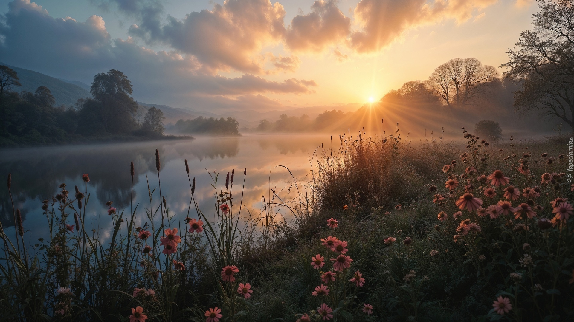 Kwiaty, Jezioro, Promienie słońca, Grafika AI