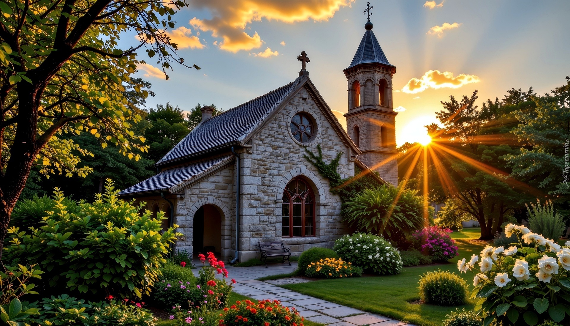 Kościół, Kwiaty, Drzewa, Promienie słońca, Grafika AI