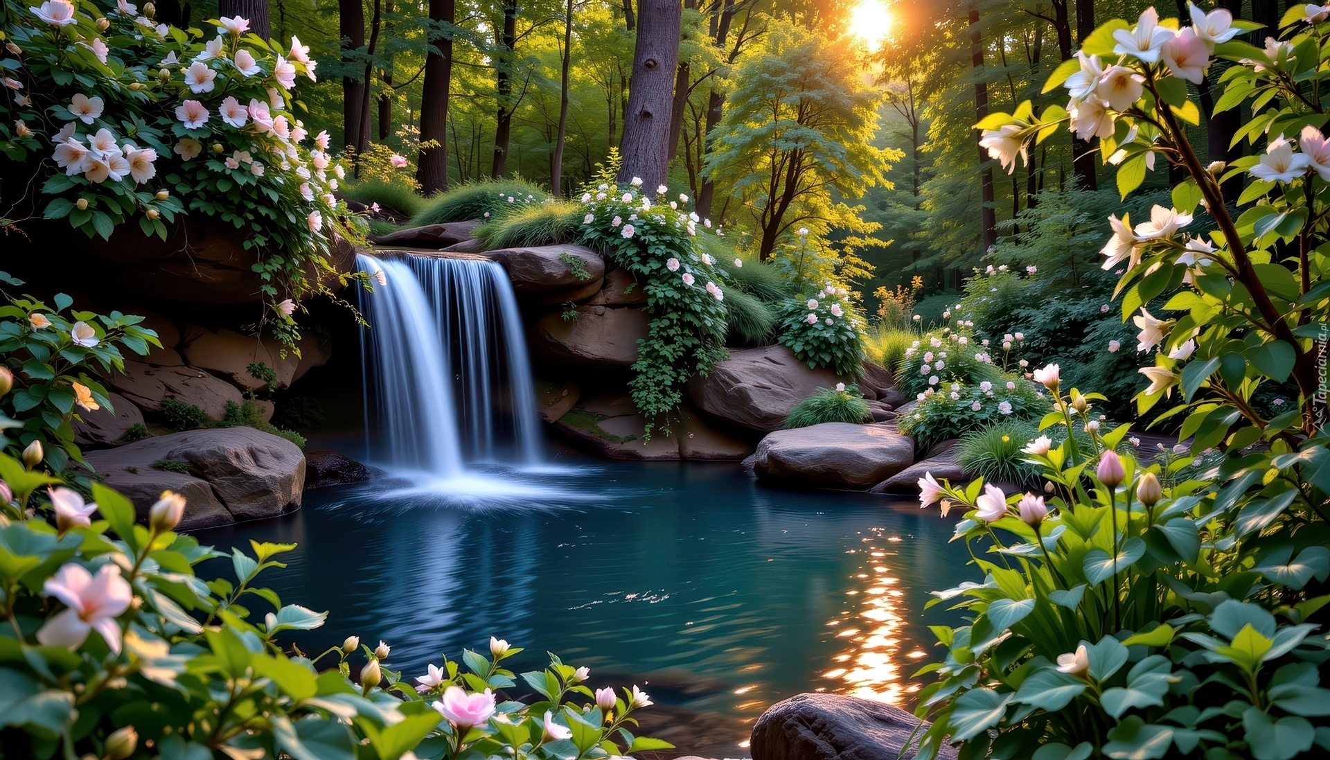 Wodospad, Las, Kwiaty, Zachód słońca, Grafika AI, Staw