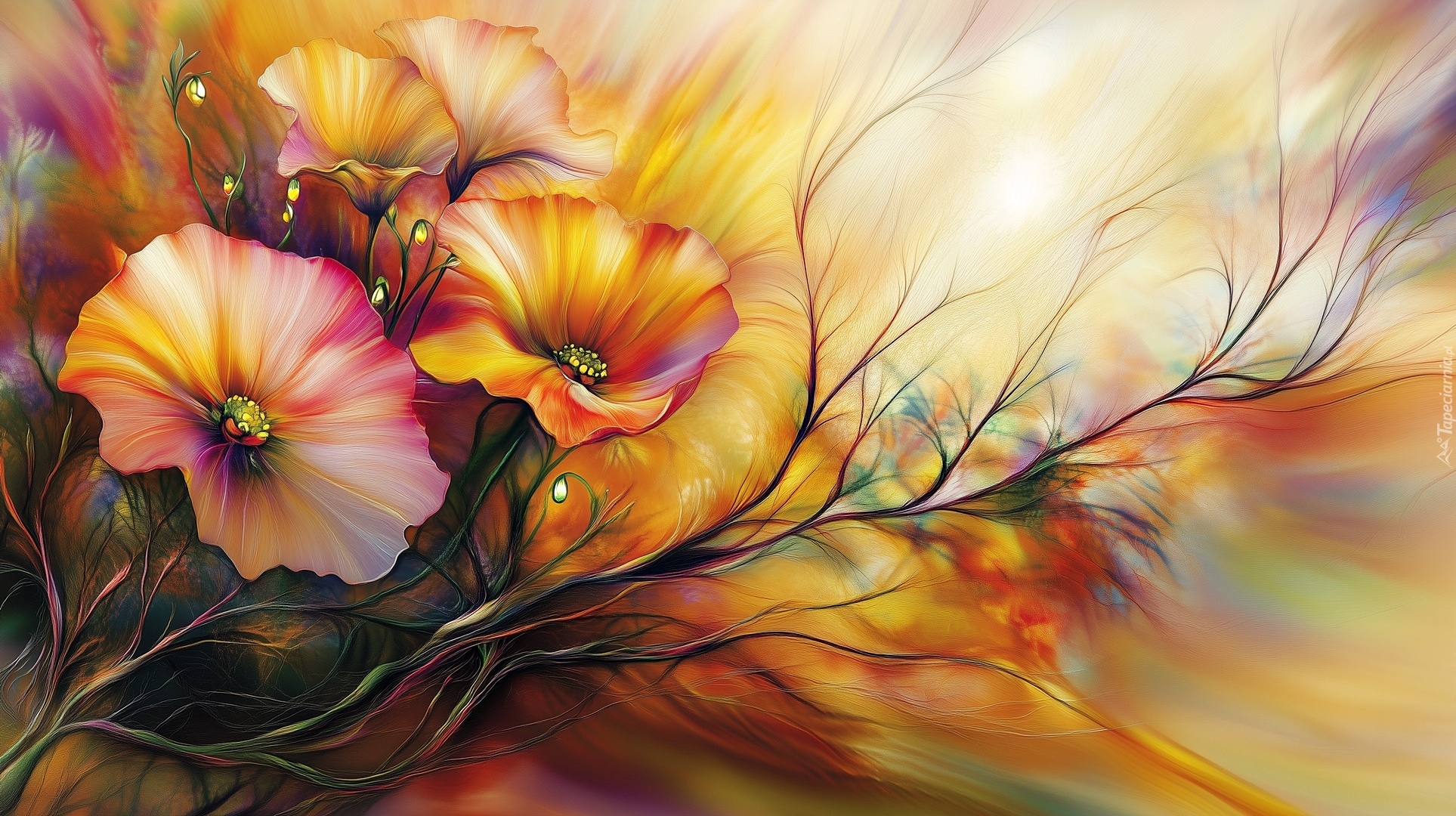 Pomarańczowe, Kwiaty, Gałązki, Grafika AI