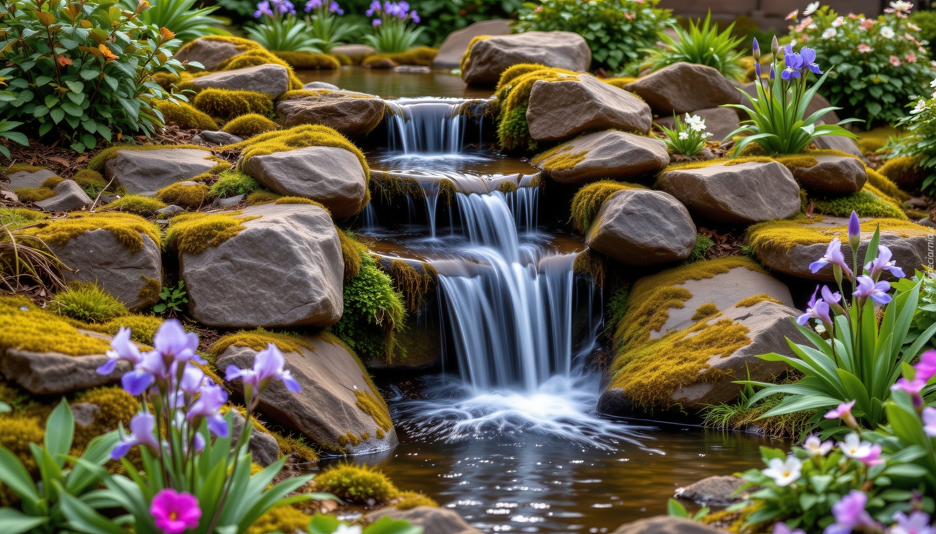 Kaskada, Kamienie, Kwiaty, Ogród