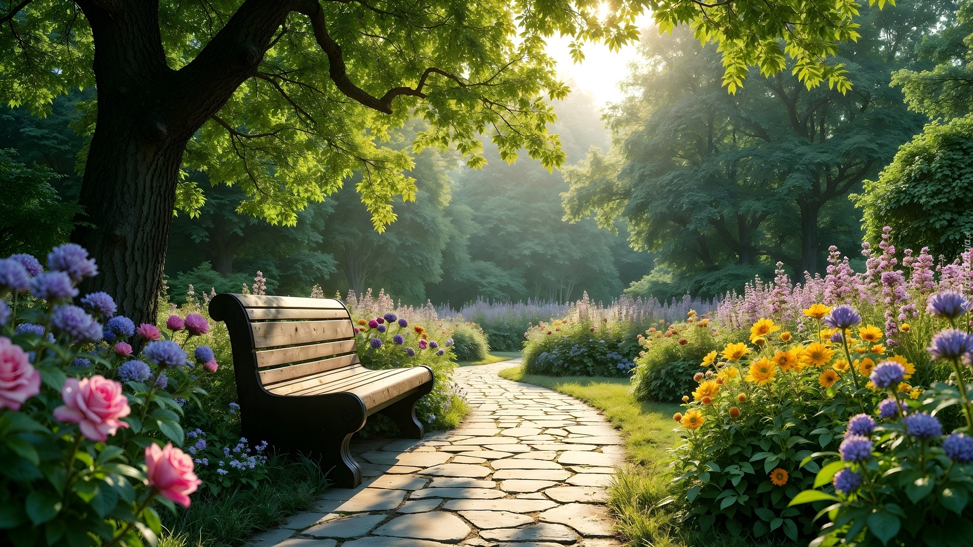 Park, Drzewa, Kwiaty, Ławka, Ścieżka, Kamienista