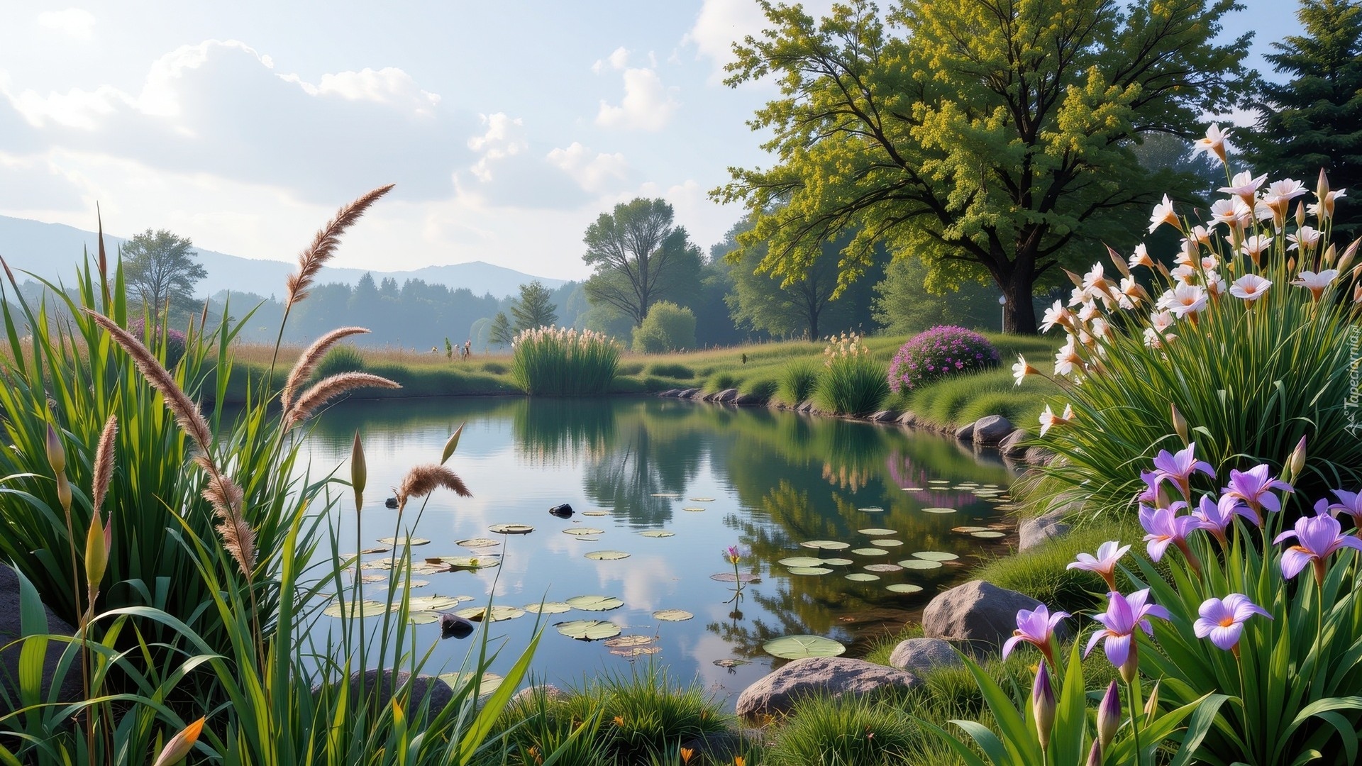 Staw, Białe, Fioletowe, Kwiaty, Kwitnące, Trawy, Drzewa, Góry