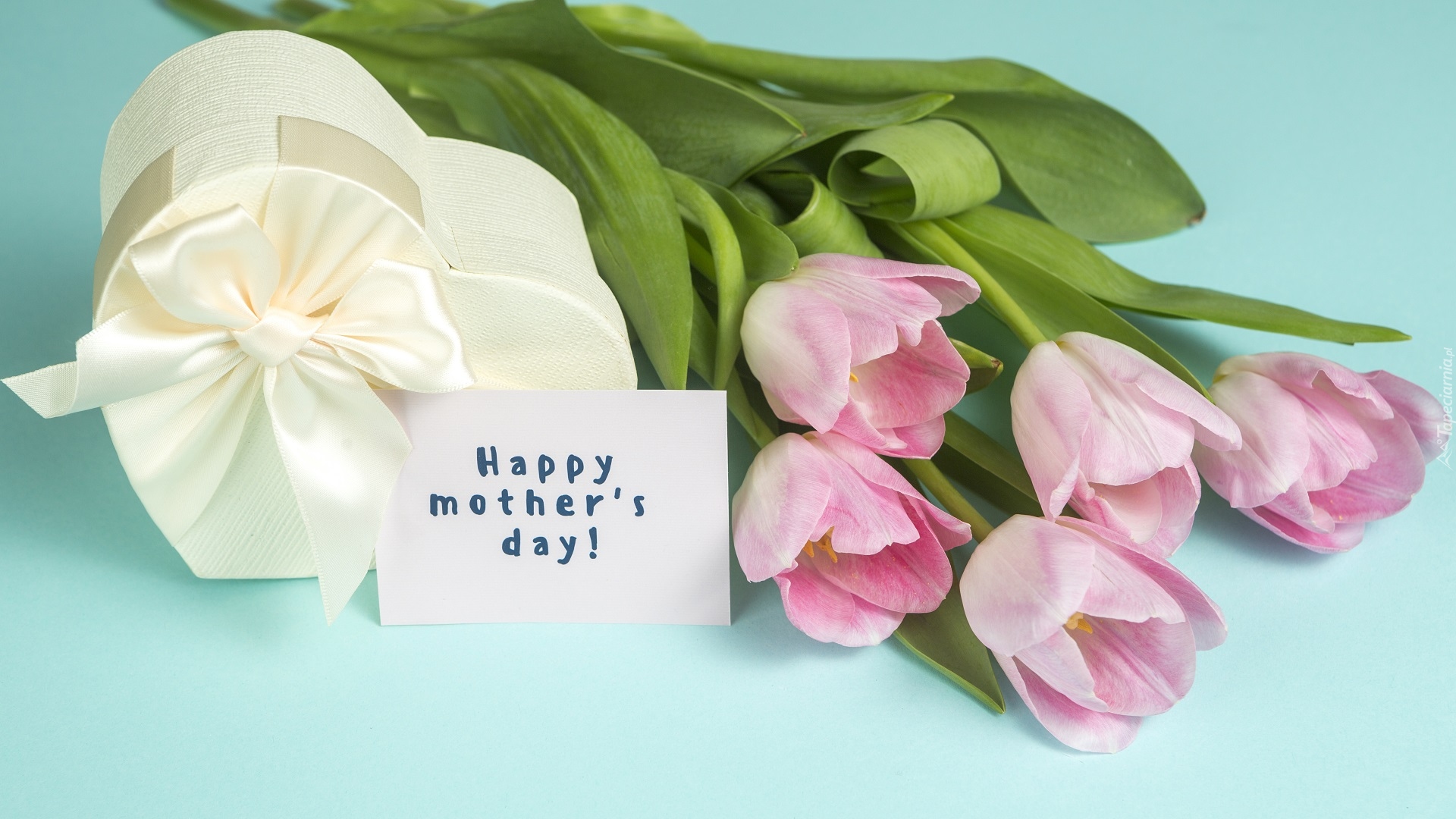Dzień Matki, Różowe, Tulipany, Białe, Pudełko ozdobne, Serce, Prezent, Karteczka, Napis