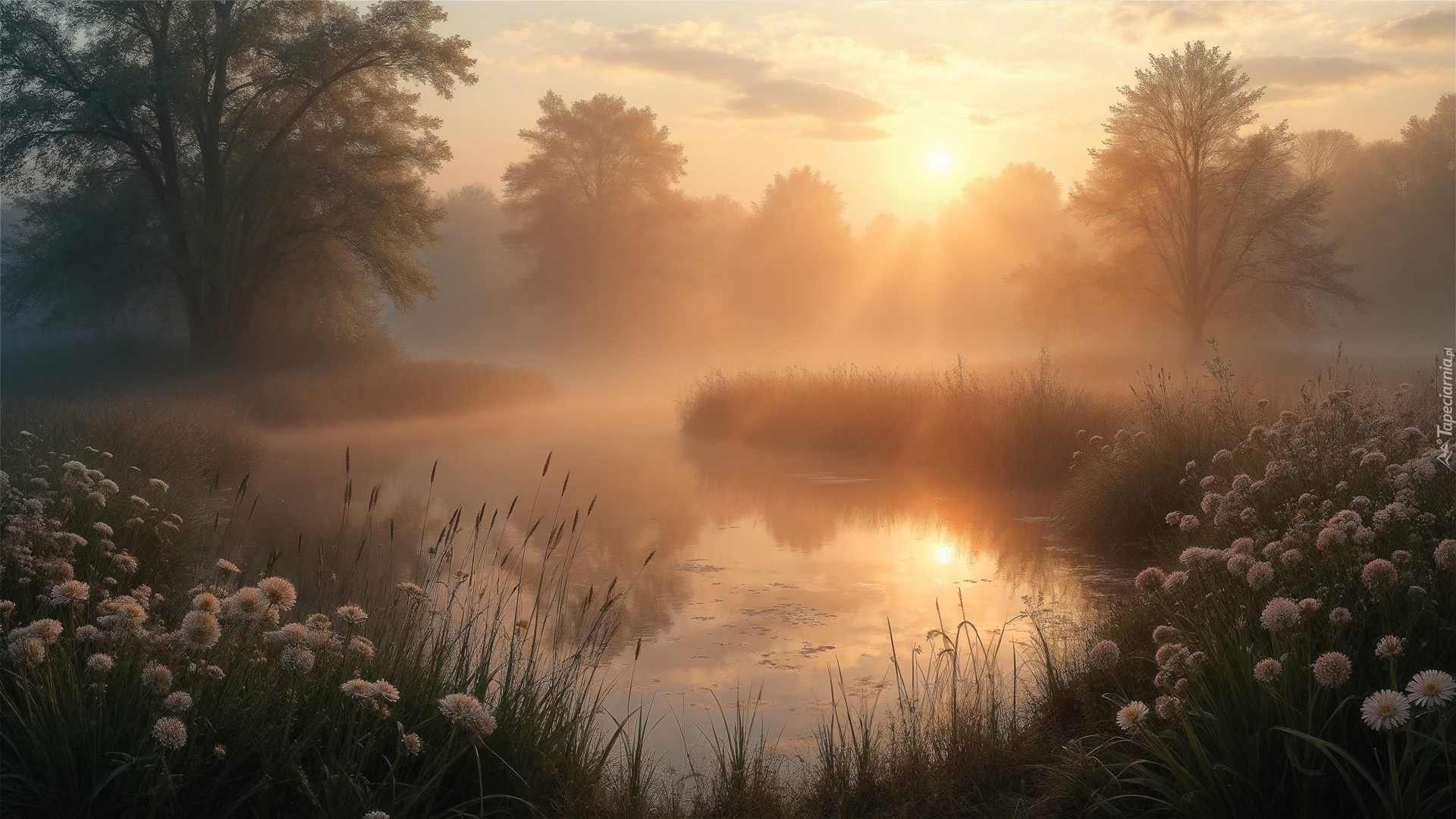 Jezioro, Rośliny, Drzewa, Mgła, Świt, Grafika AI