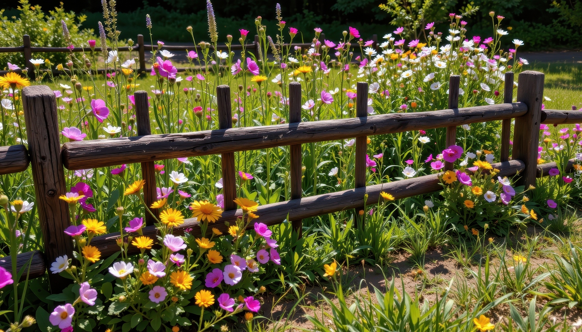 Ogrodzenie, Łąka, Trawa, Kwiaty