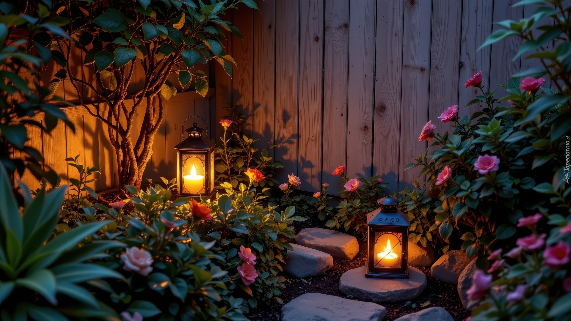 Ogród, Różowe, Kwiaty, Dwa, Lampiony, Ściana, Deski, Płaskie, Kamienie