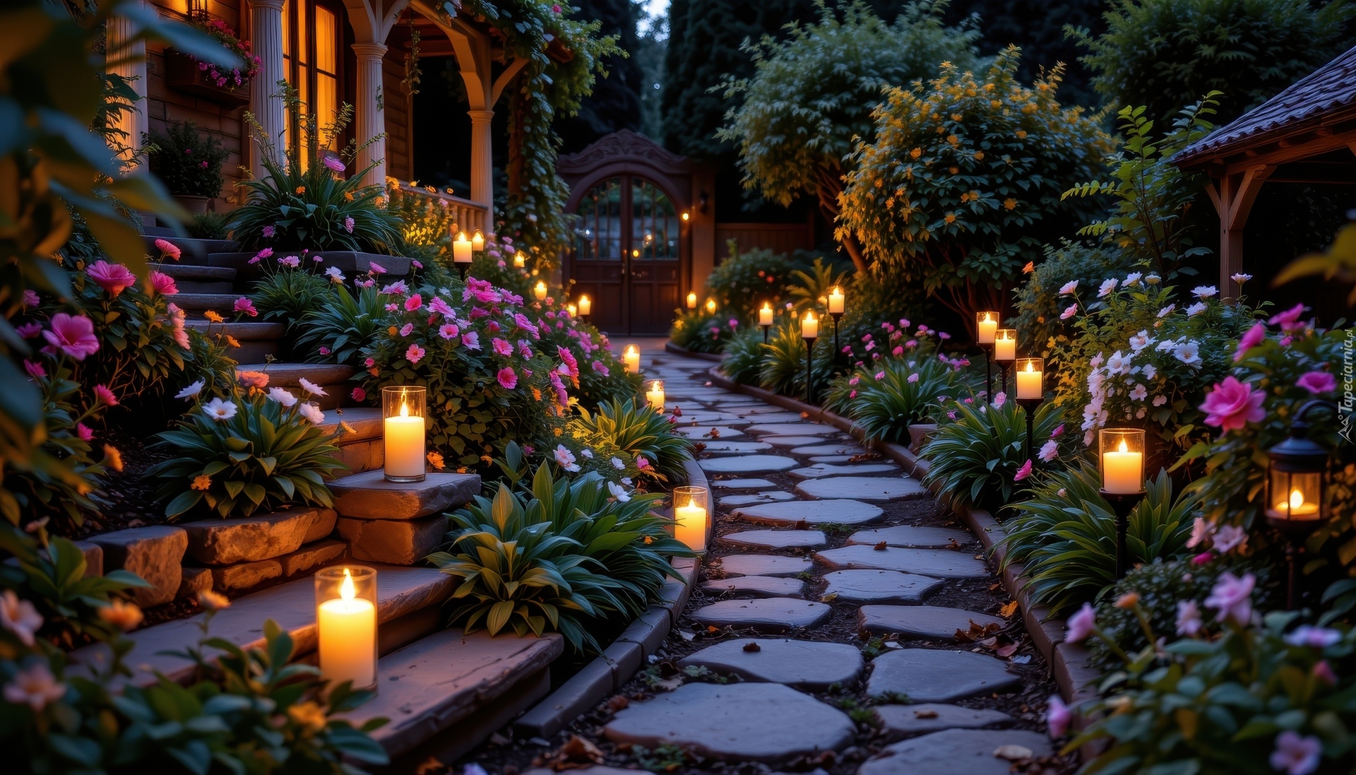 Ogród, Kwiaty, Świece, Ścieżka