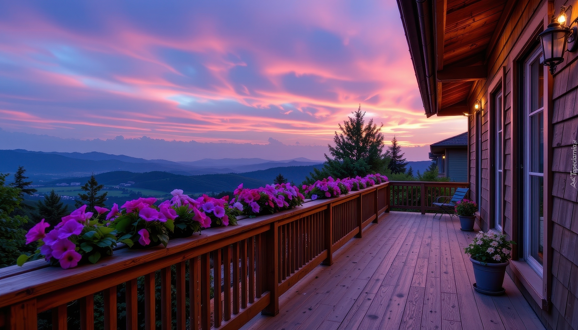 Kwiaty, Dom, Balkon, Balustrada, Zachód słońca