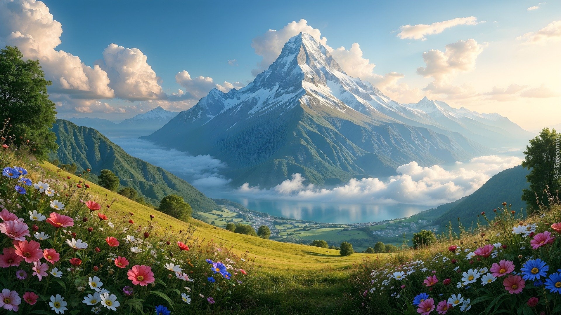 Góry, Jezioro, Łąka, Kwiaty