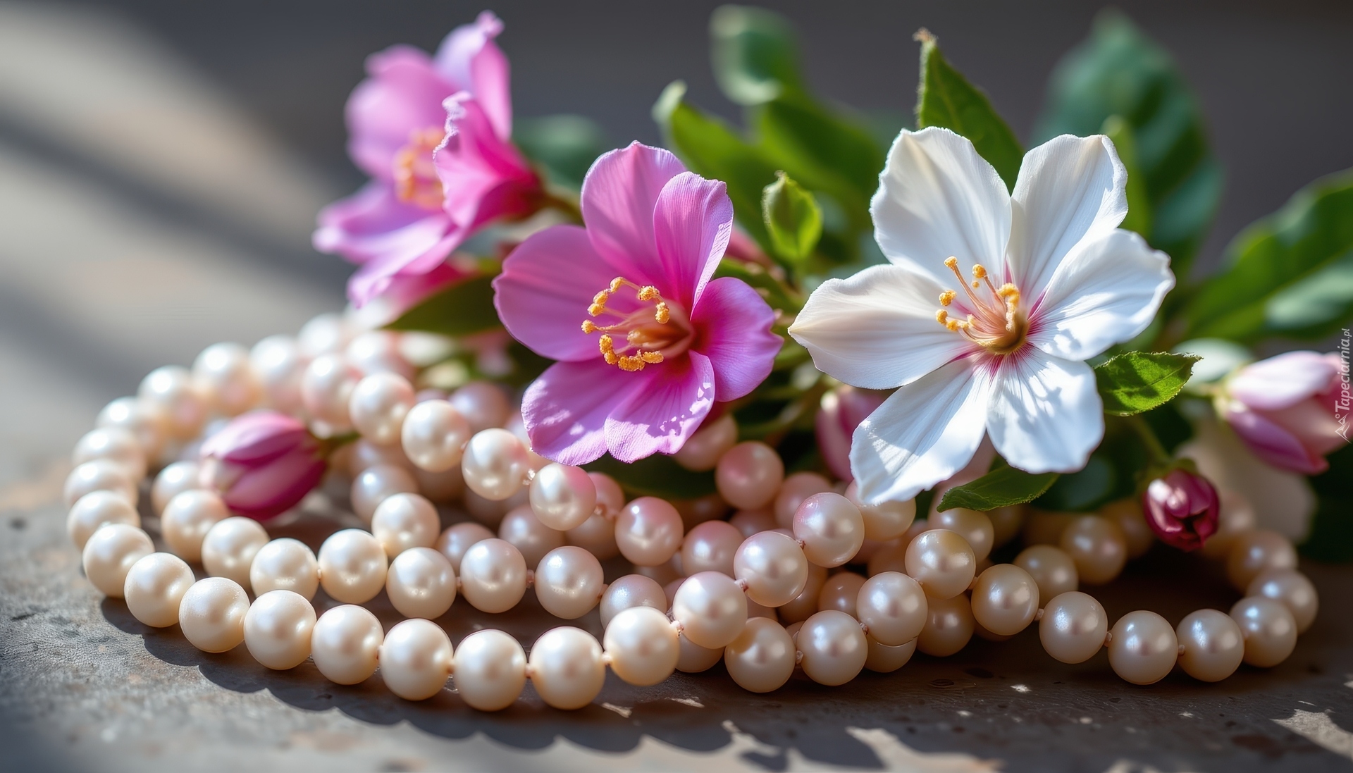Kwiaty, Różowe, Perły, Naszyjnik