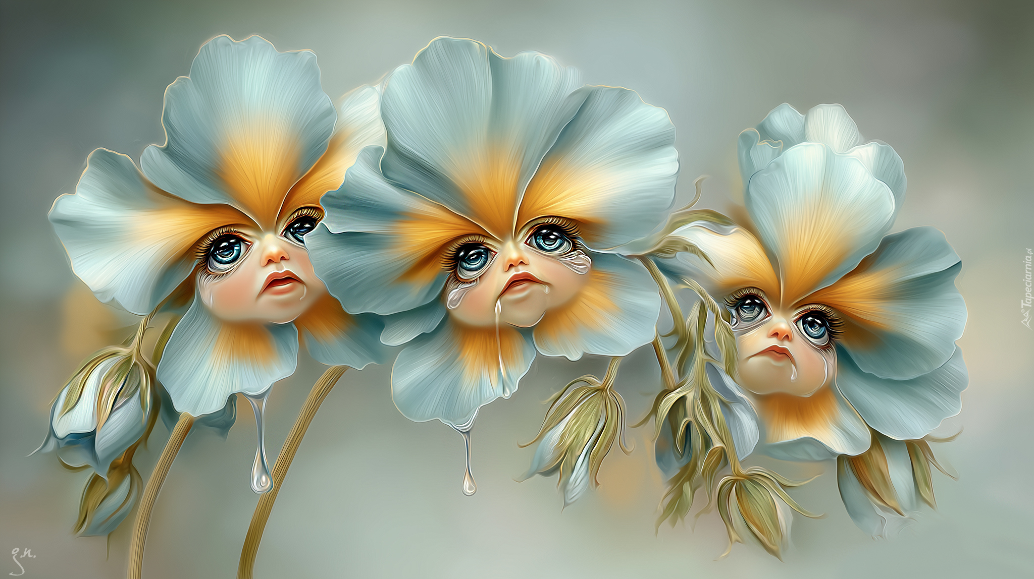 Kwiaty, Płaczące, Twarze, Grafika AI