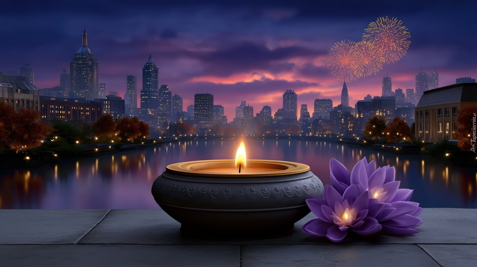 Miasto, Rzeka, Wieżowce, Fajerwerki, Znicz, Kwiaty, AI