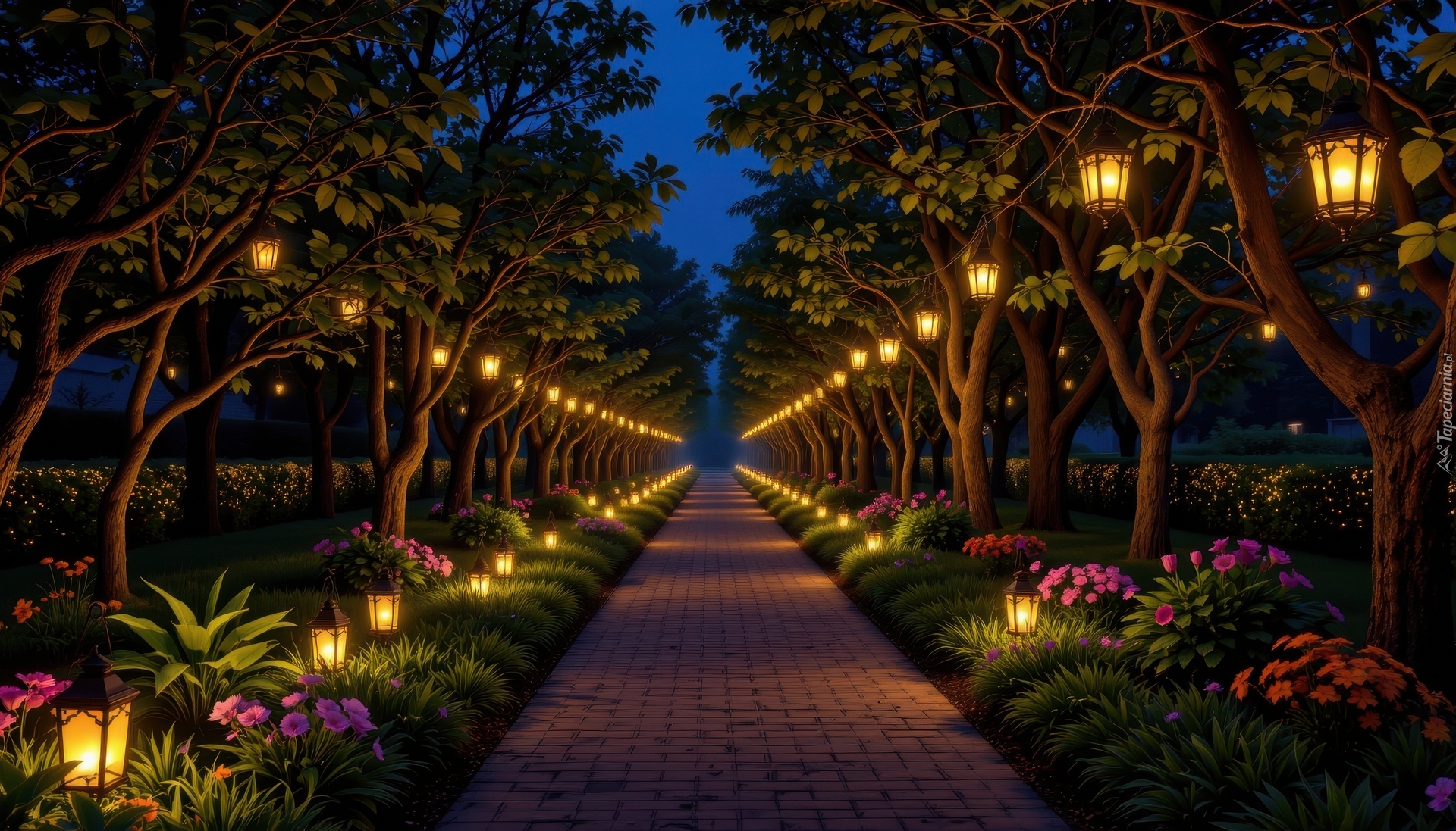 Noc, Ogród, Latarnie, Drzewa, Kwiaty, Ścieżka