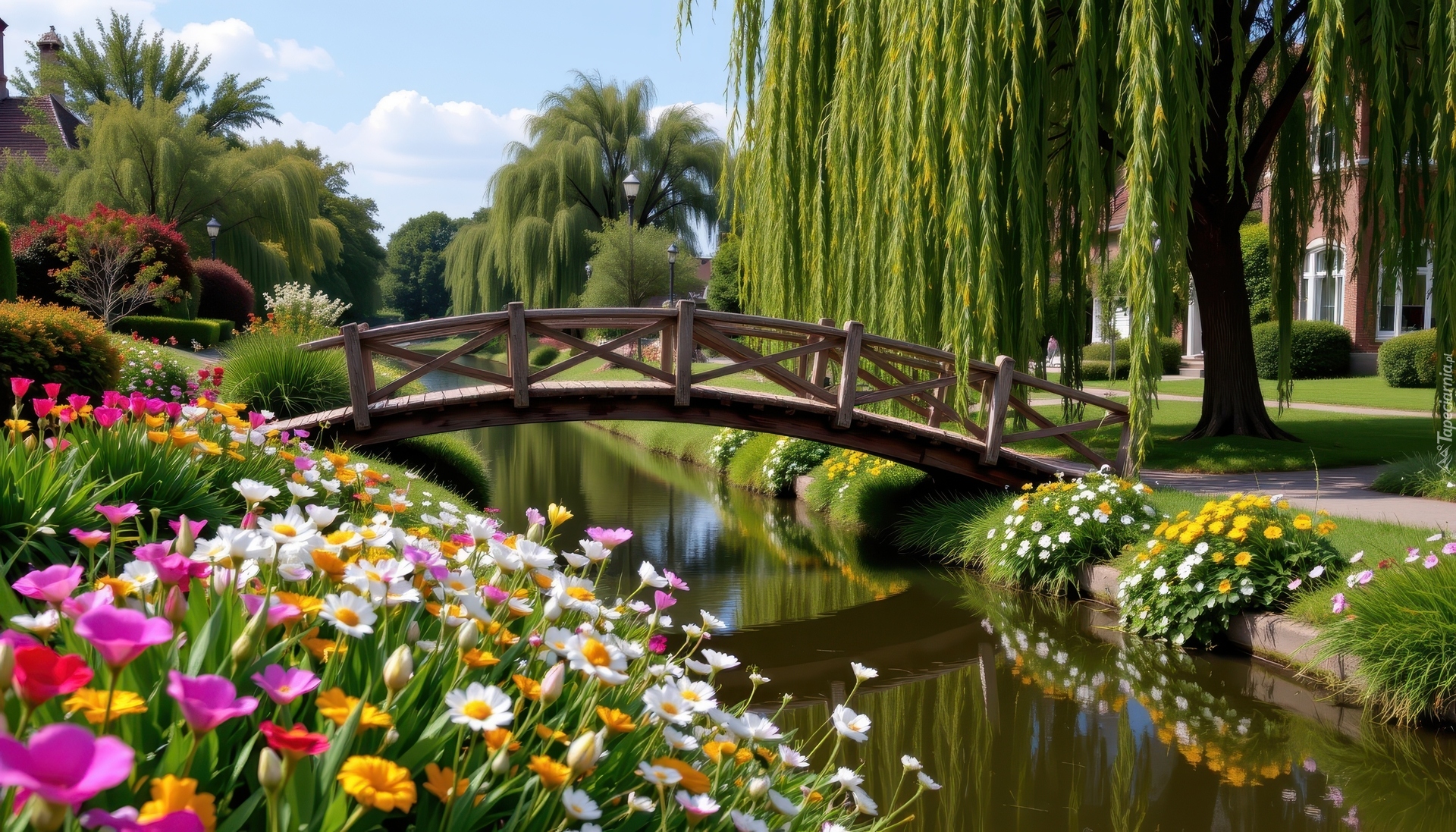 Strumień, Kwiaty, Mostek, Wierzba płacząca, Park