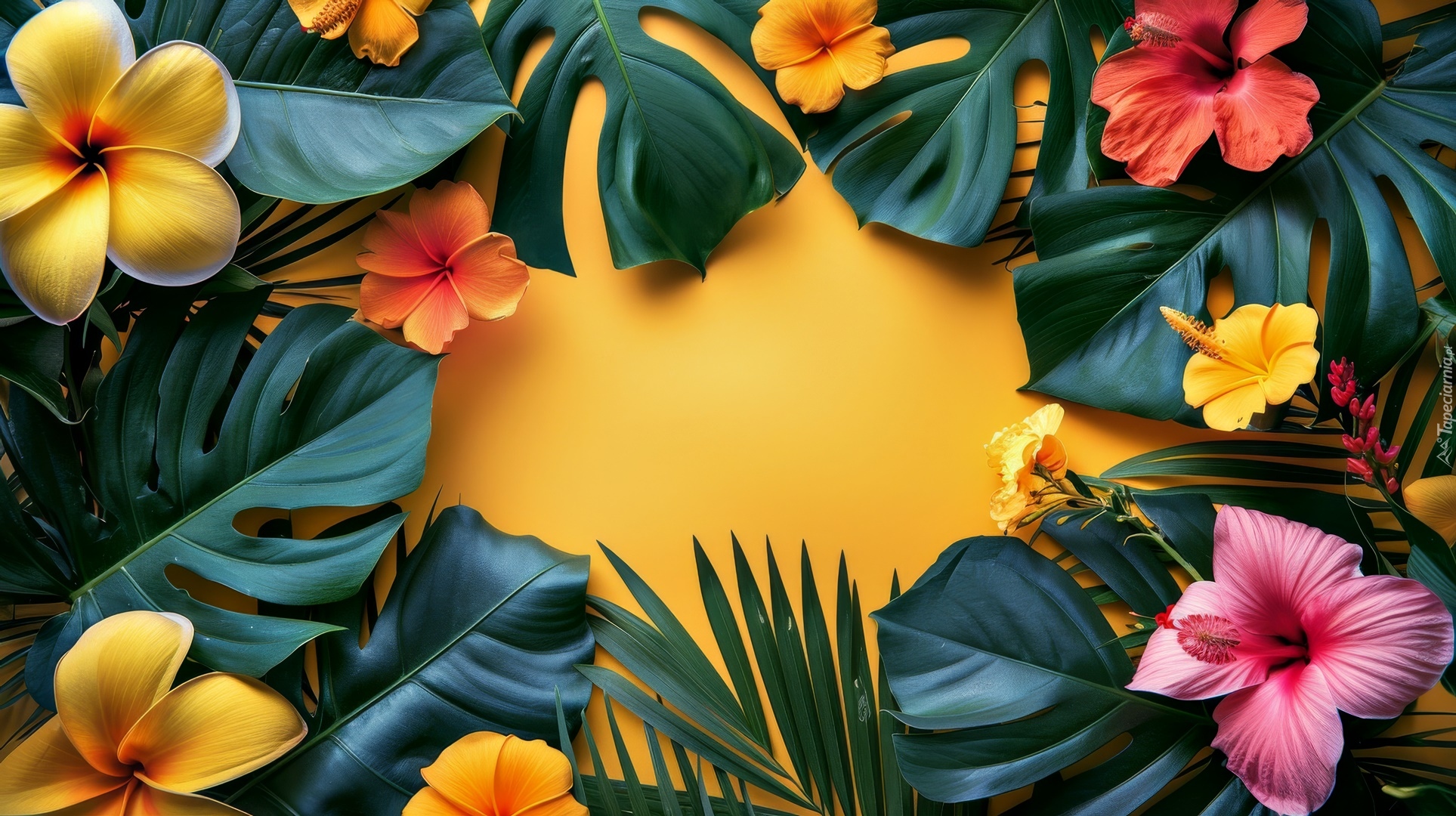 Plumeria, Hibiskus, Kwiaty, Monstera, Liście, Żółte tło, Kwiat