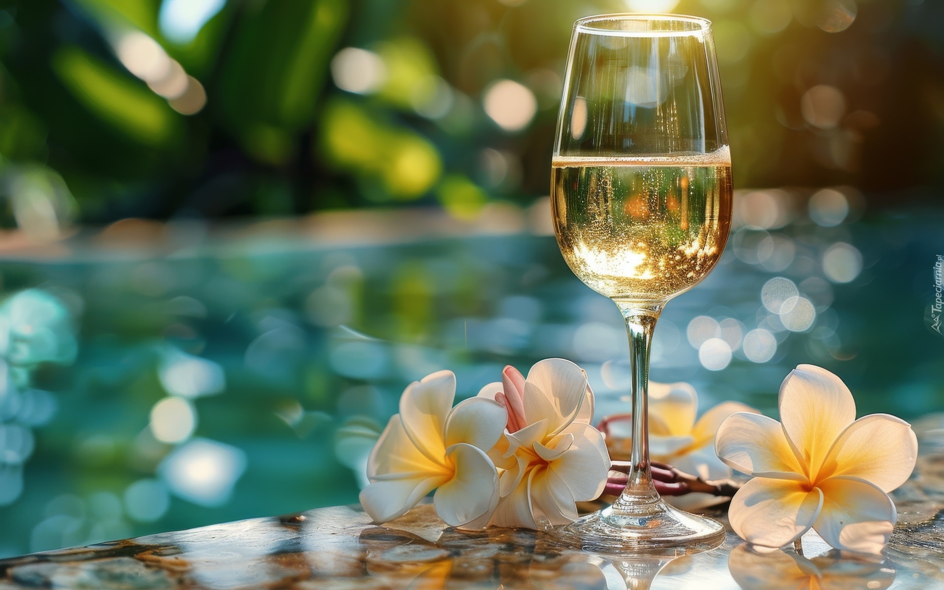 Kompozycja, Kieliszek, Wino, Kwiaty, Plumeria