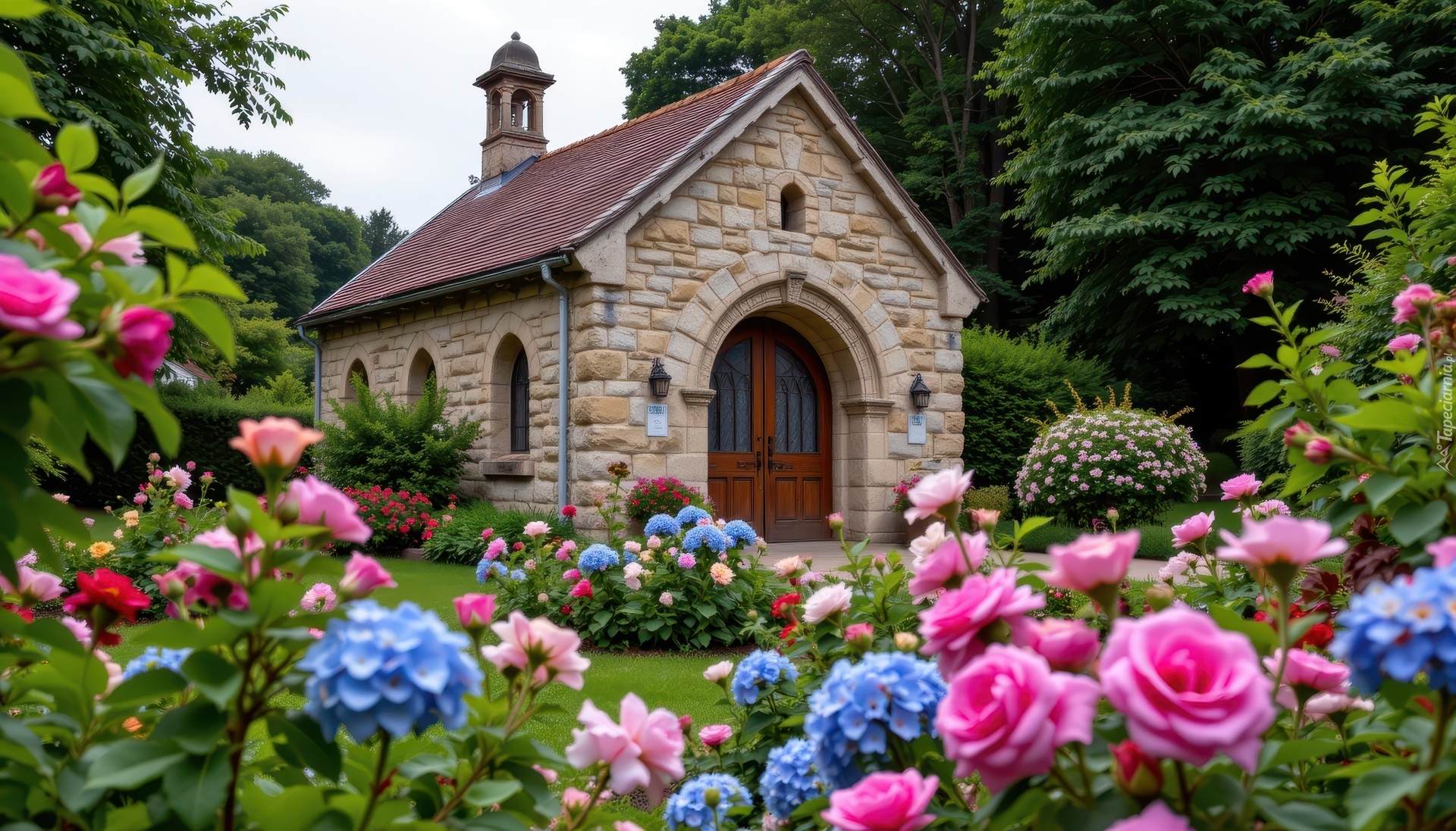 Budynek, Dom, Ogród, Róże, Hortensje, Drzewa, Grafika AI