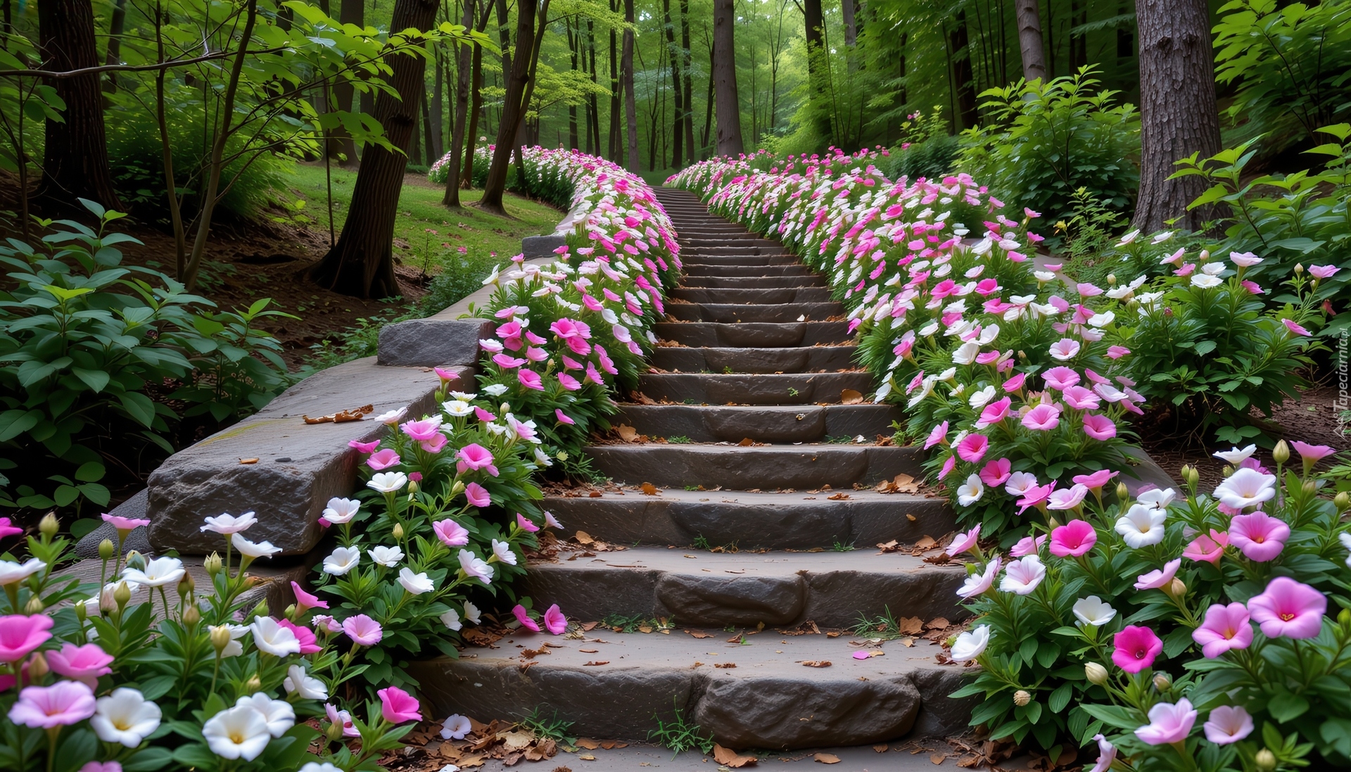 Schody, Kwiaty, Drzewa