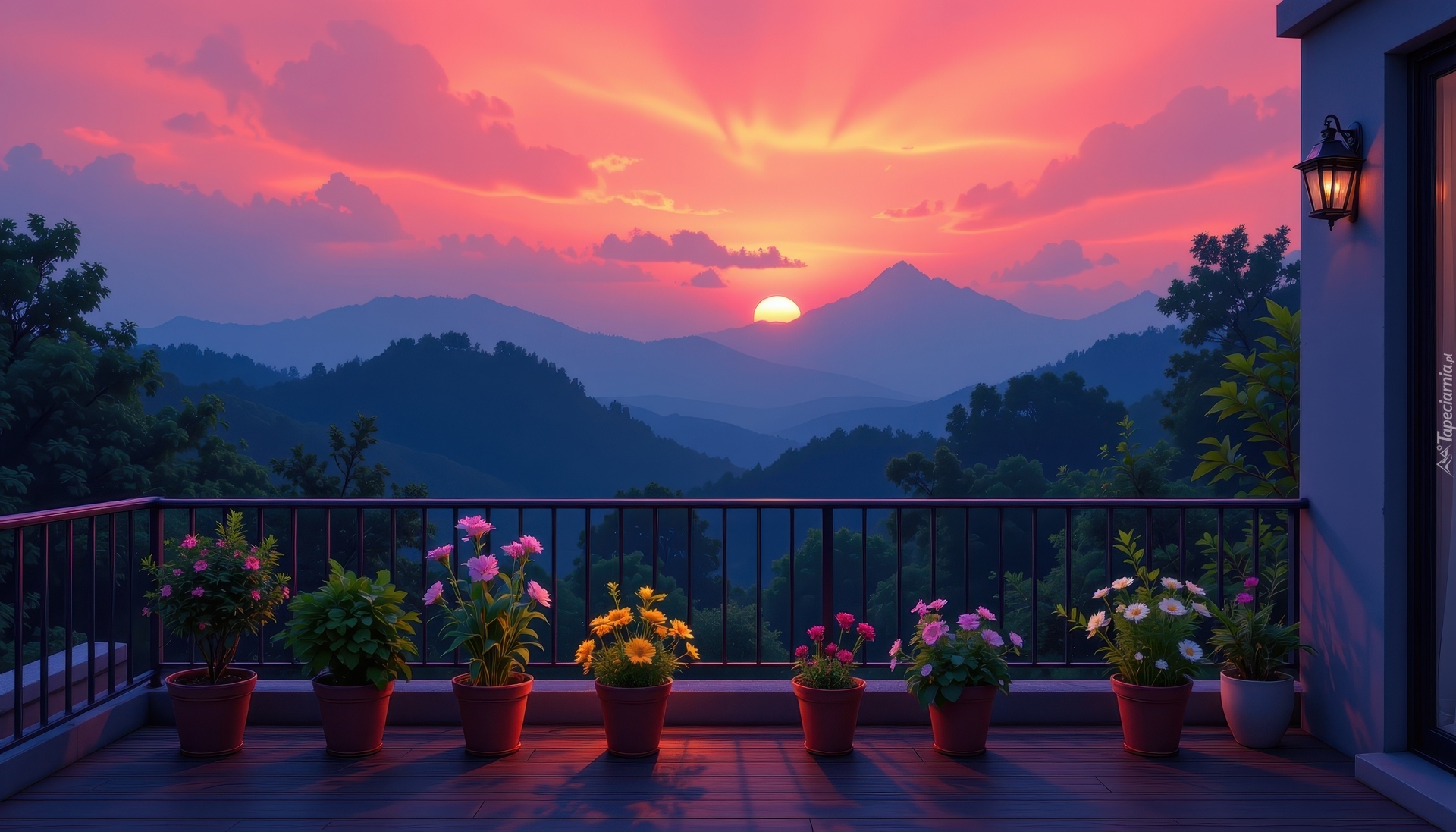 Kwiaty, Doniczki, Balkon, Zachód słońca, Góry