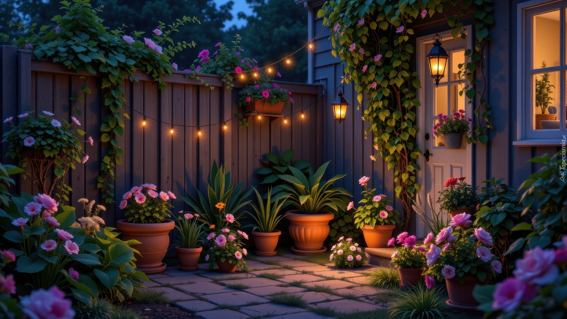 Ogródek, Dom, Kwiaty, Oświetlenie, Ogrodzenie
