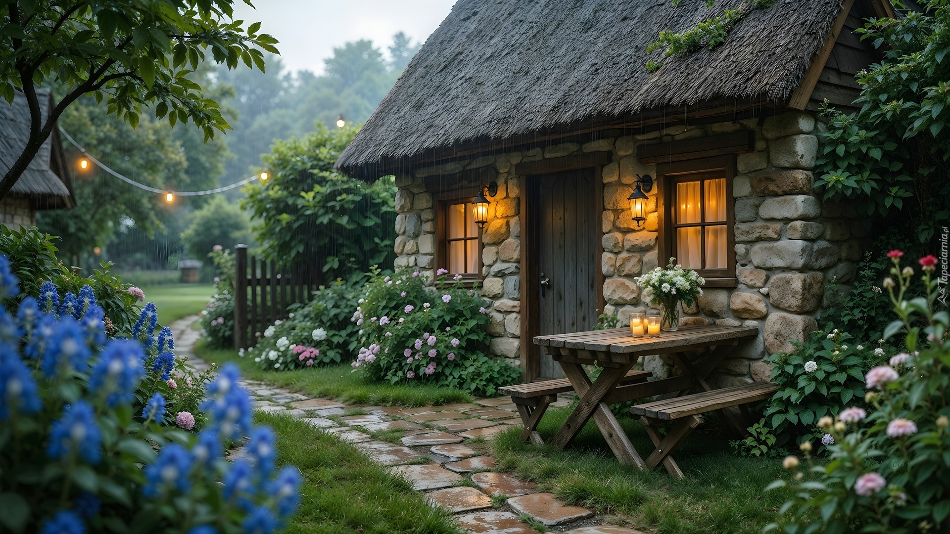 Kamienny, Dom, Ogród, Deszcz