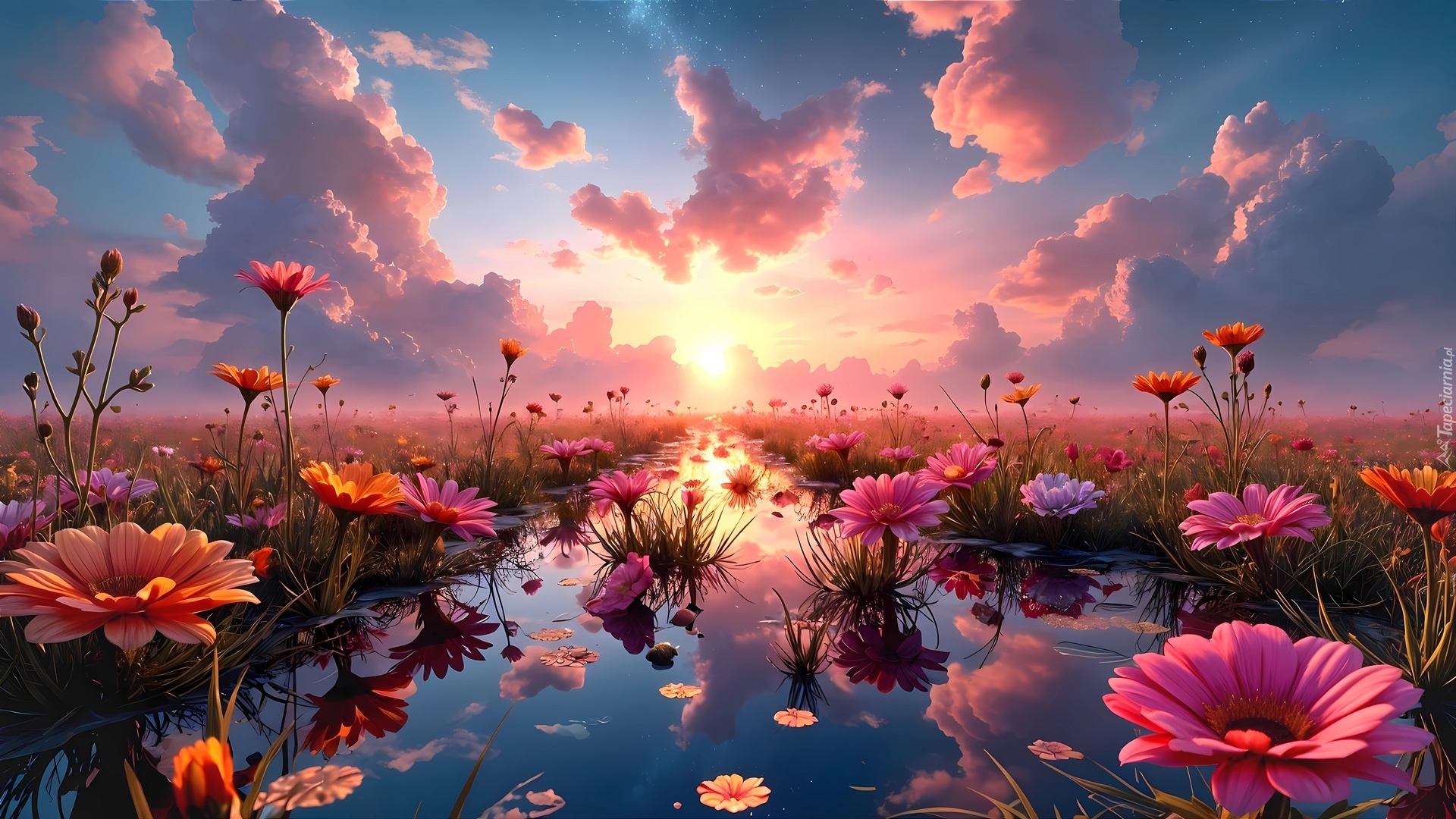 Kwiaty, Woda, Odbicie, Zachód słońca, Grafika AI