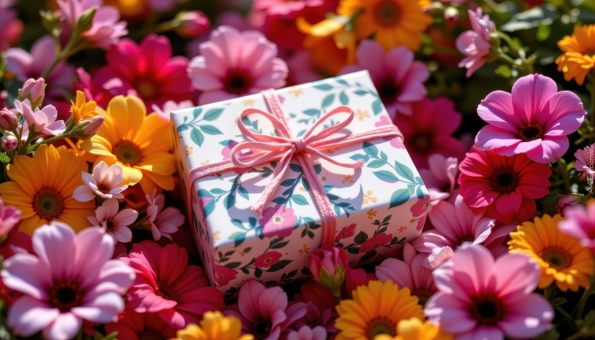 Kwieciste, Pudełko, Prezent, Kokarda, Kwiaty