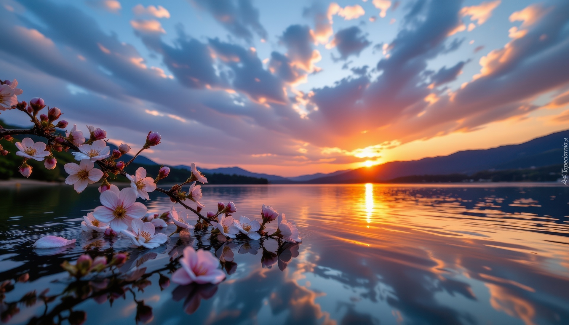 Różowe, Kwiaty, Gałąź, Jezioro, Niebo, Zachód słońca, Grafika AI