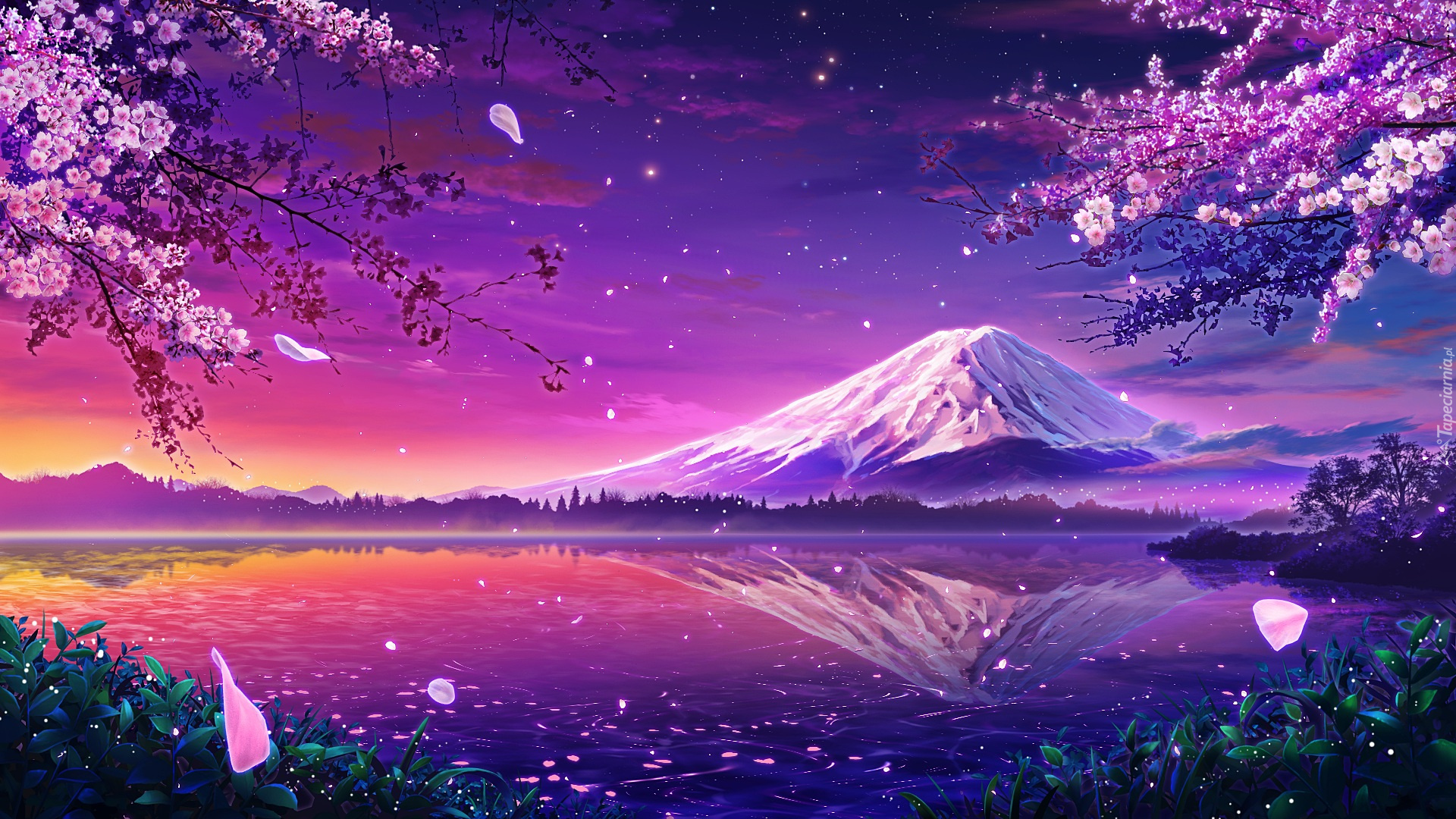 Grafika, Wiosna, Zachód słońca, Jezioro, Góra Fudżi, Japonia