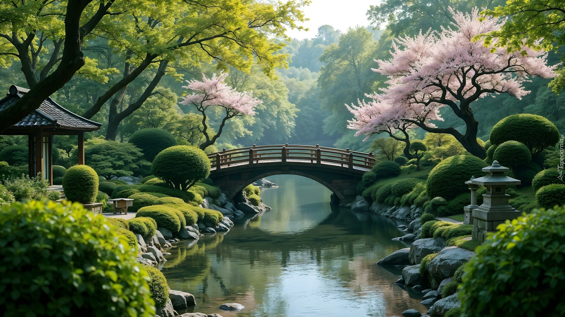 Ogród, Rzeka, Mostek, Drzewa, Krzewy