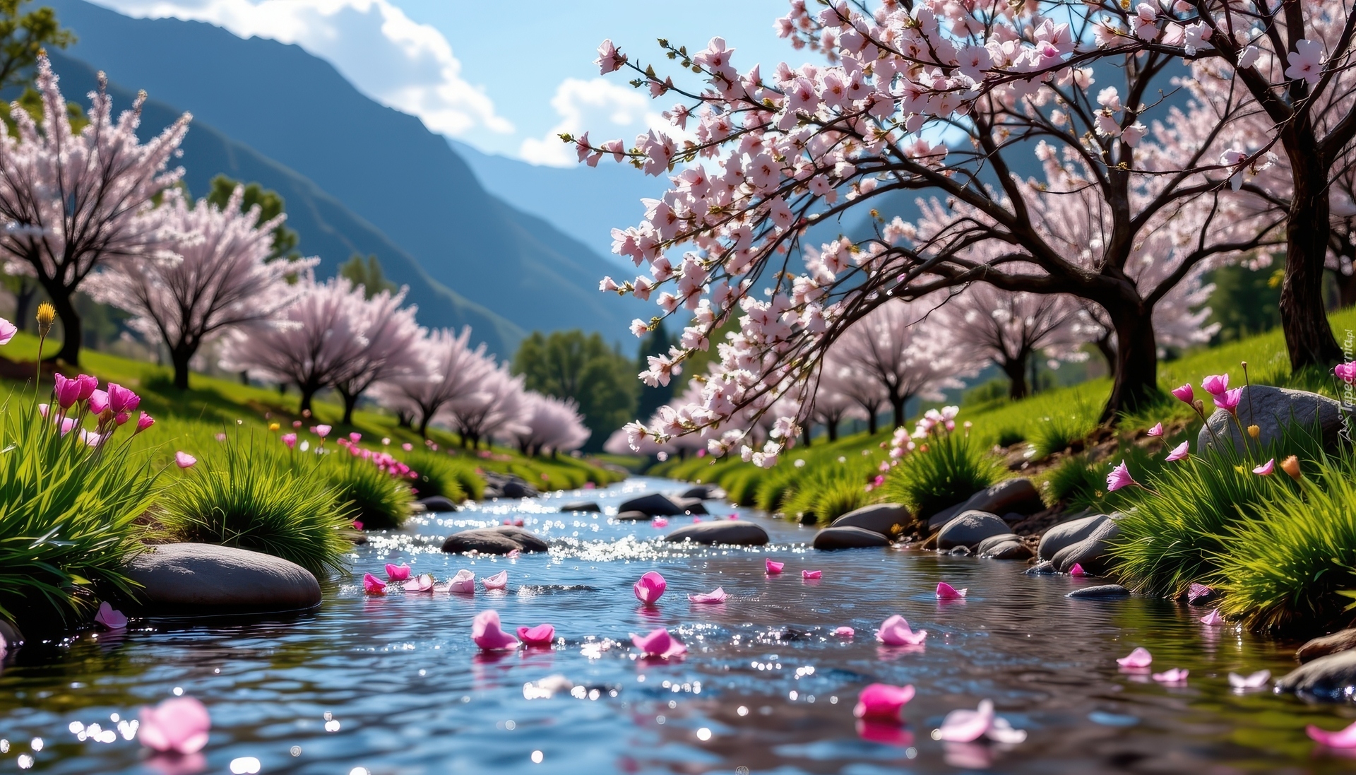 Góry, Rzeka, Kwitnące, Drzewa, Trawa, Kwiaty, Wiosna
