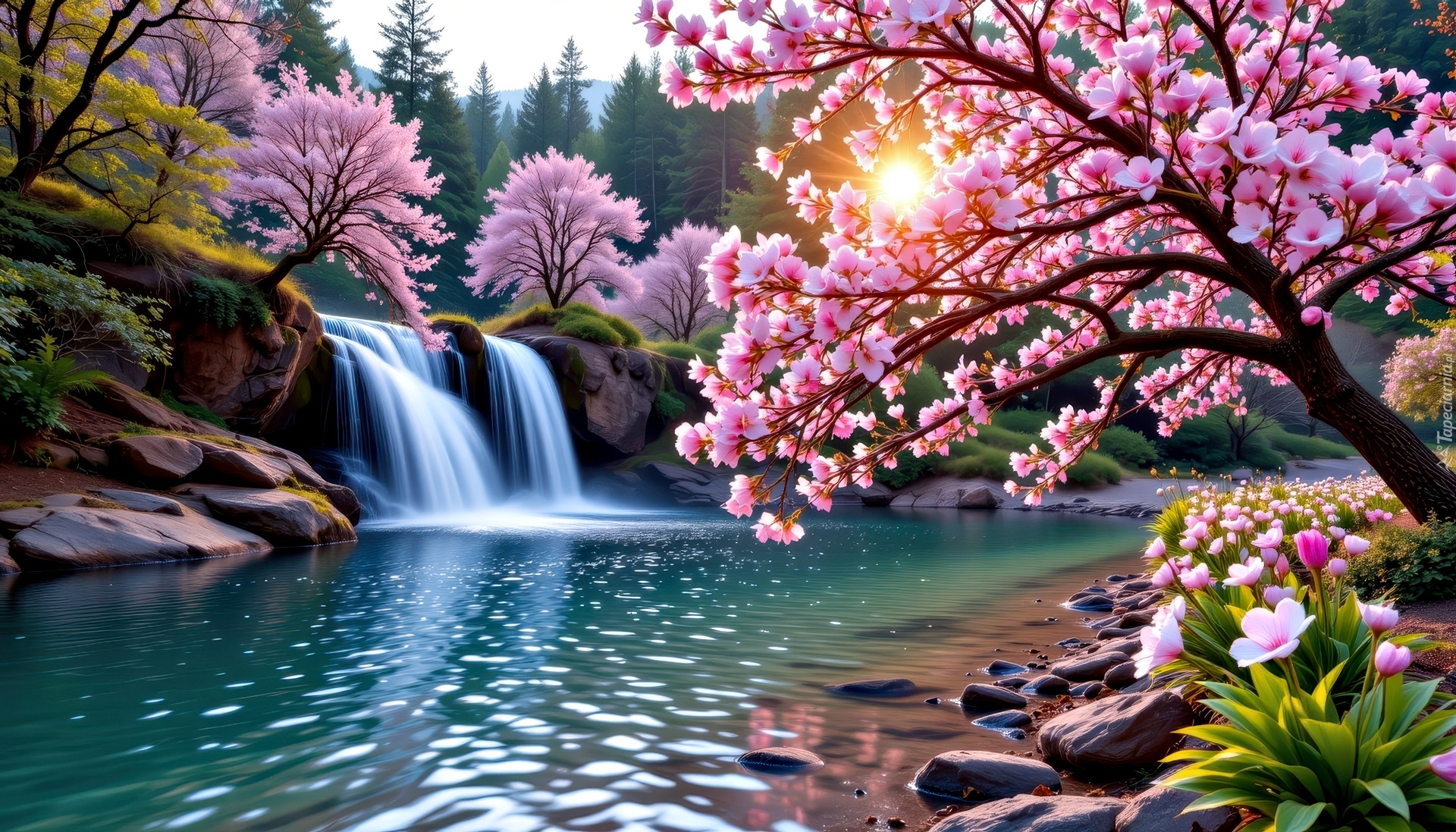 Wiosna, Wodospad, Rzeka, Las, Kwitnące, Drzewa, Zachód słońca, Grafika AI