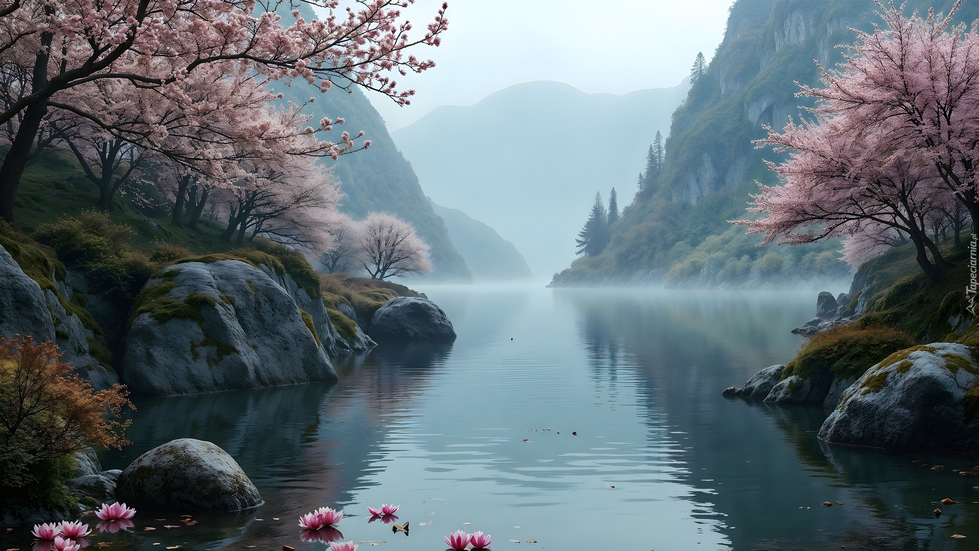 Jezioro, Góry, Skały, Drzewa, Wiosna, AI