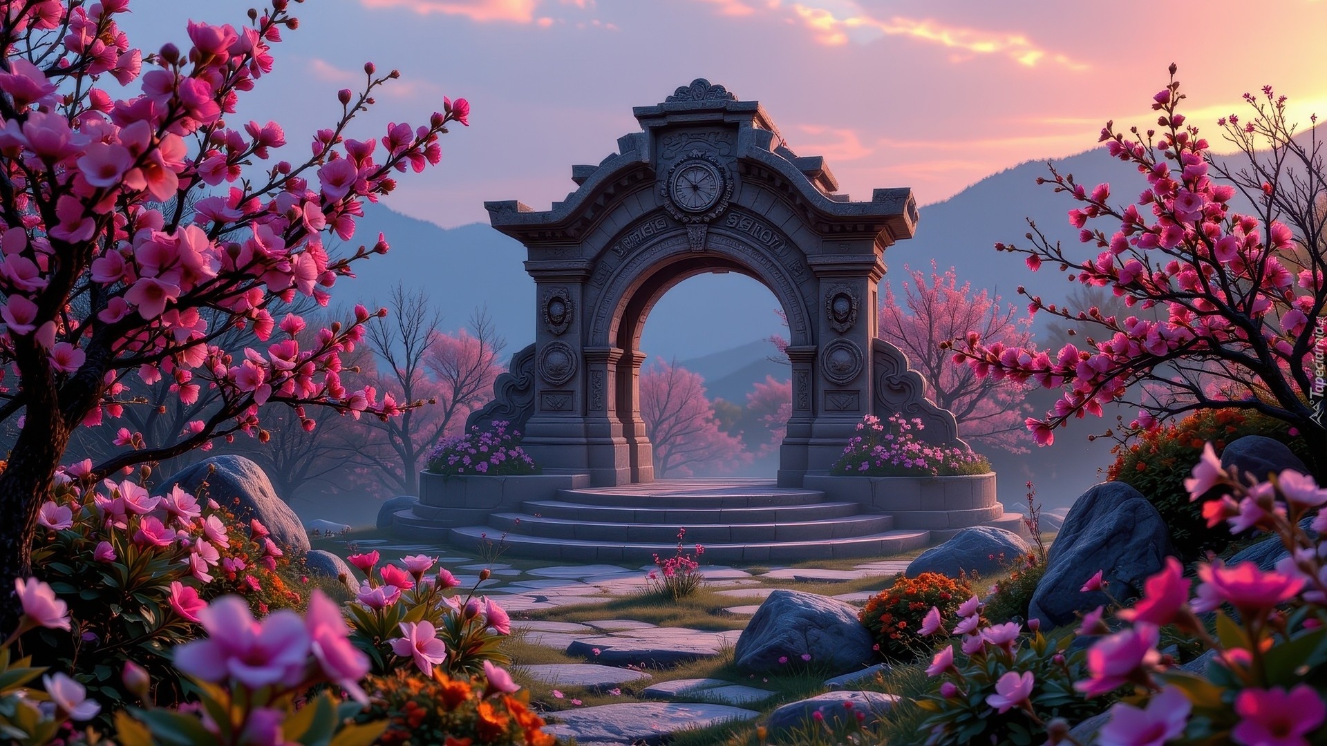 Budowla, Schody, Kwitnące, Drzewa, Różowe, Kwiaty, Góry, Kamienie, AI