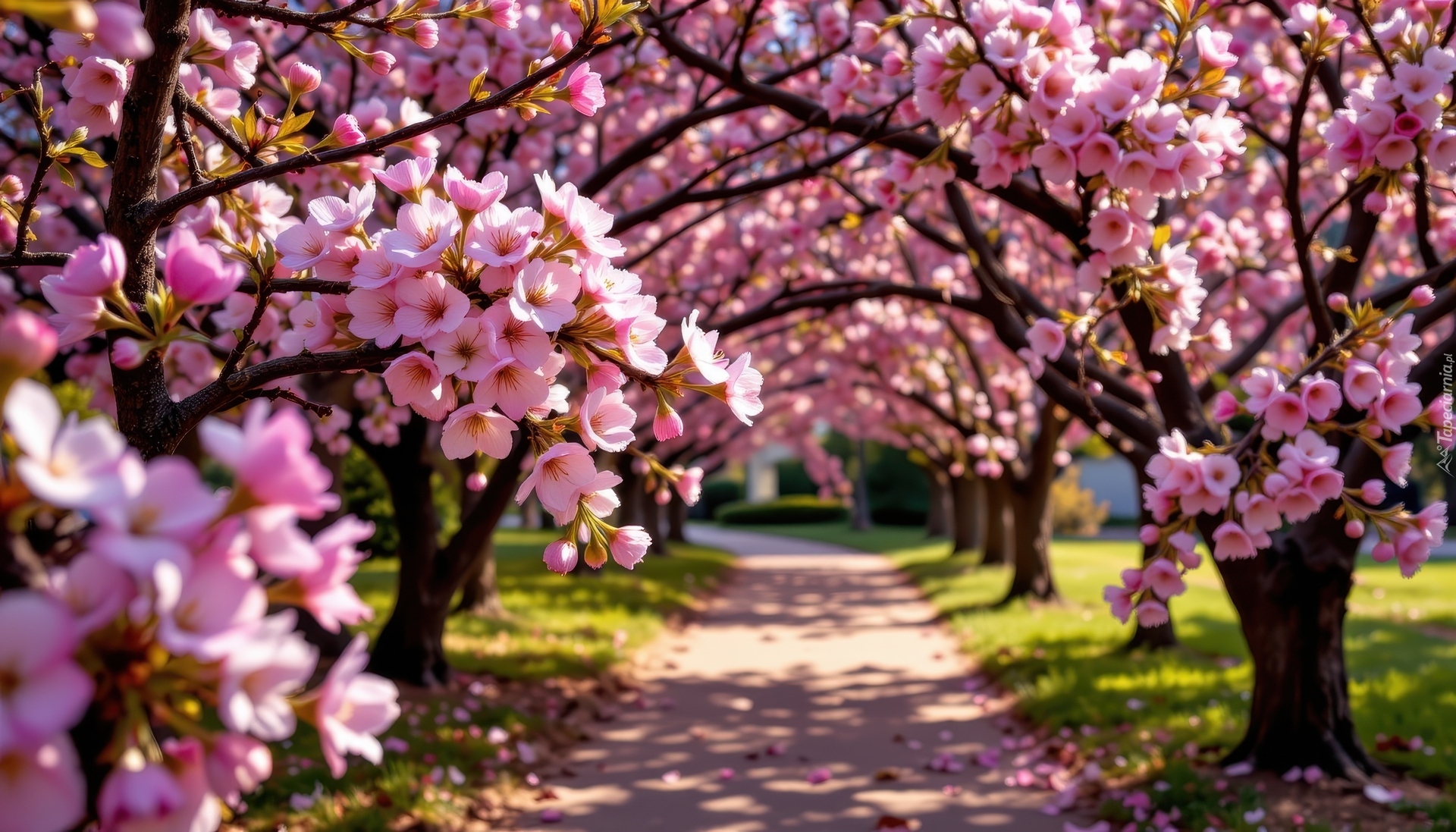Kwitnące, Drzewa, Gałązki, Różowe, Kwiaty, Droga, AI