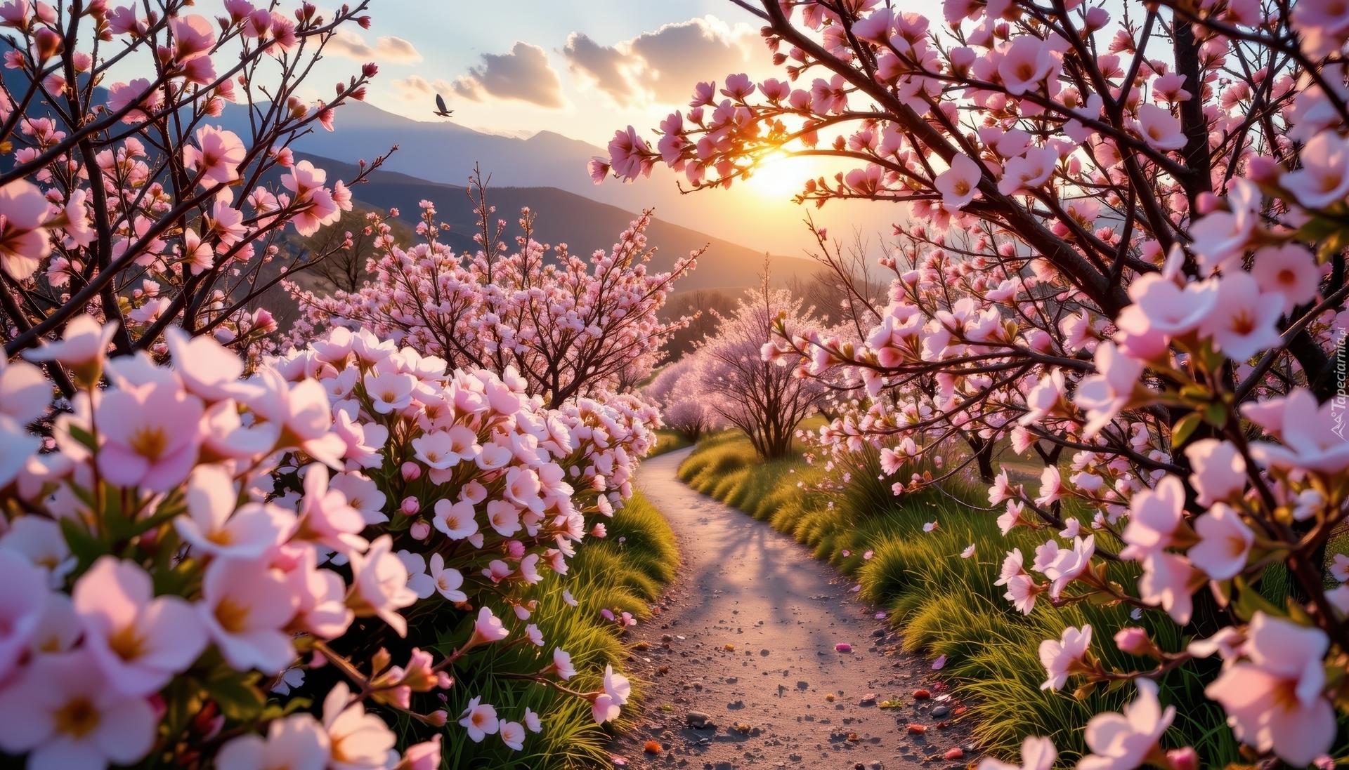 Wiosna, Kwitnące, Drzewa, Gałązki, Różowe, Kwiaty, Ścieżka, Zachód słońca