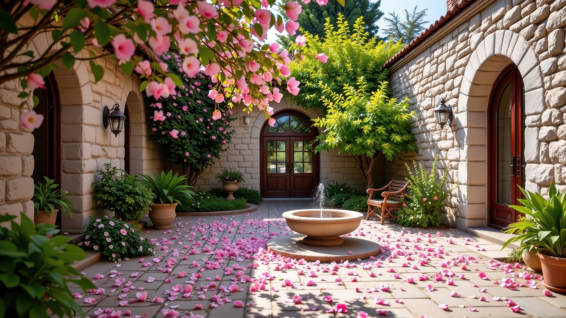 Dom, Kwiaty, Ozdobne, Drzewa, Fontanna, Krzesło, Płatki, Kwiatów, Dziedziniec, Rośliny